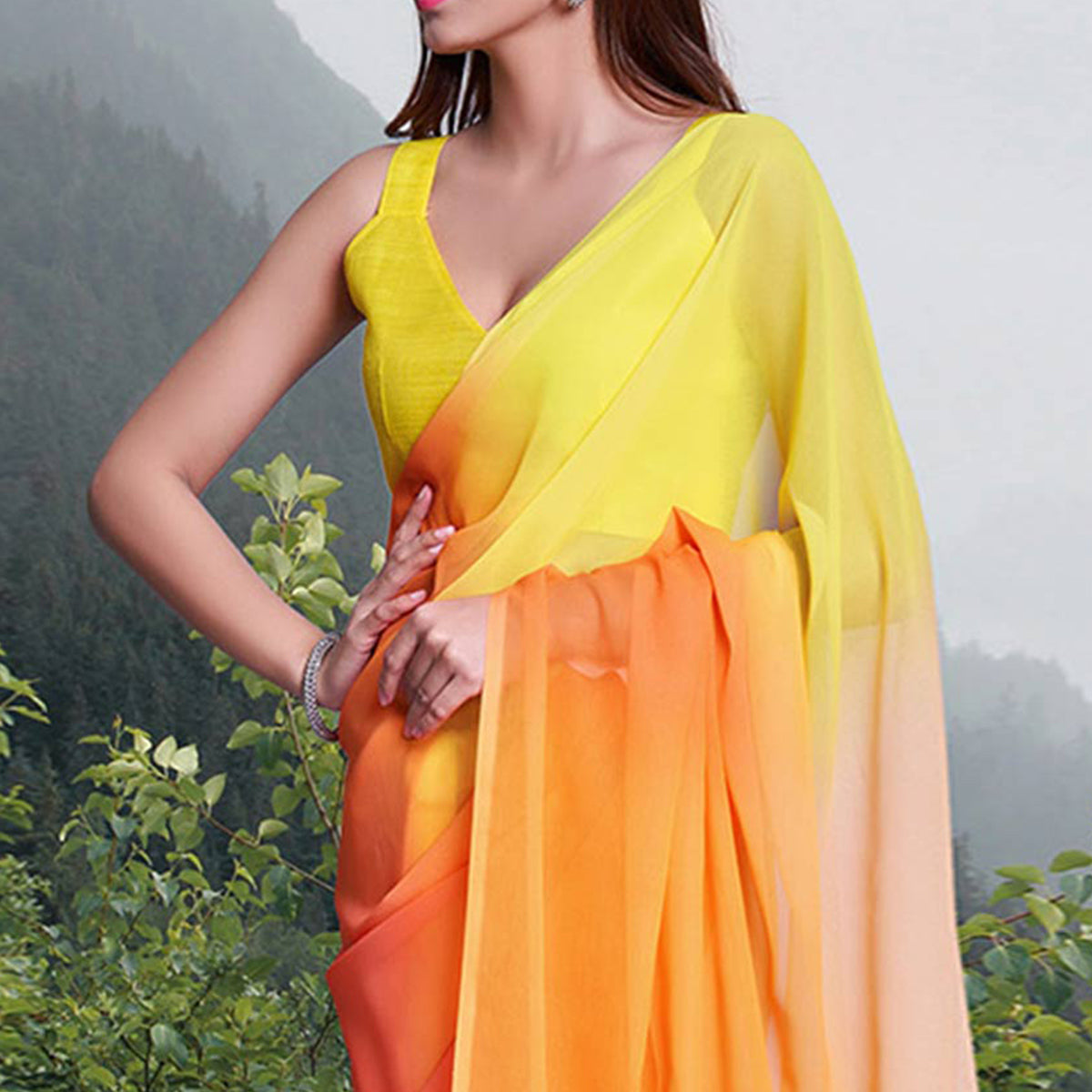 Orange & Yellow Printed Organza Saree