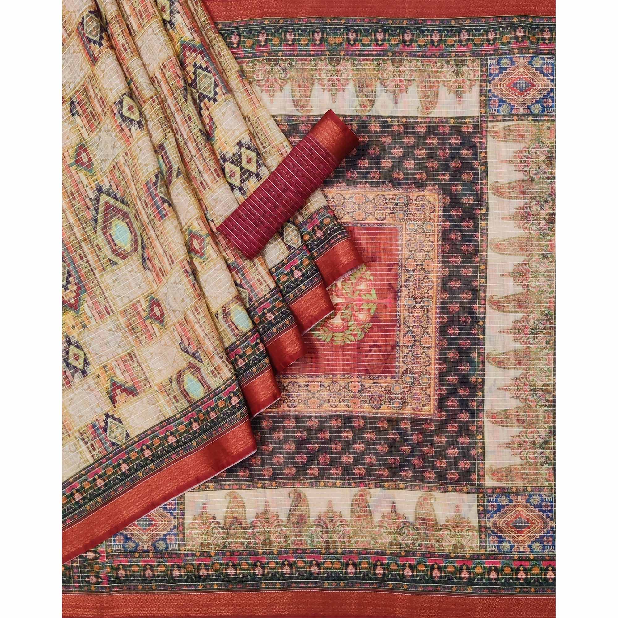 Beige Digital Printed Linen Saree