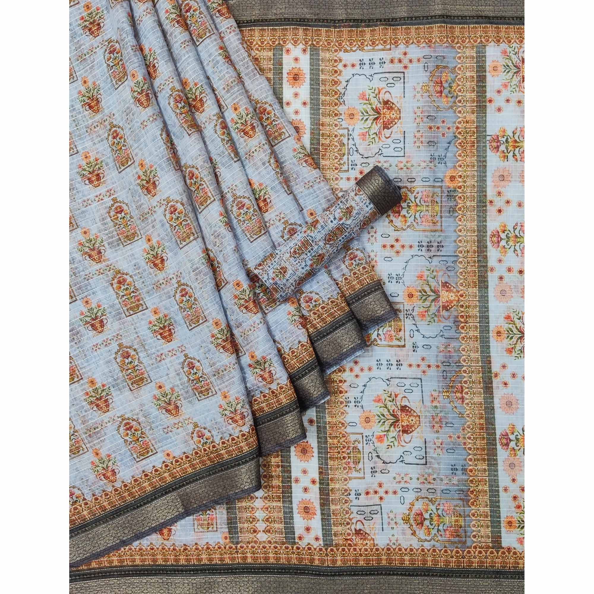Grey Digital Printed Linen Saree