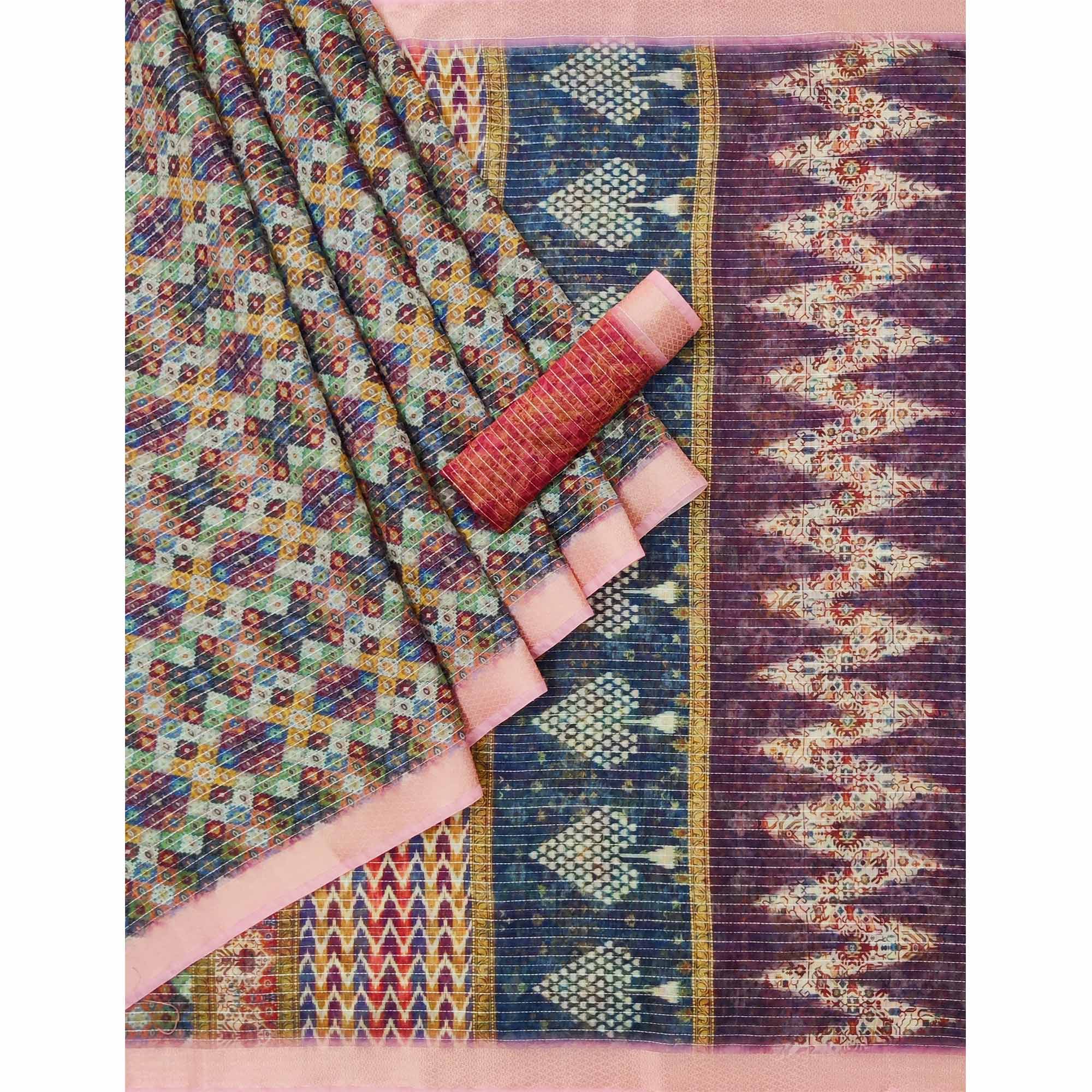 Multicolor Digital Printed Linen Saree