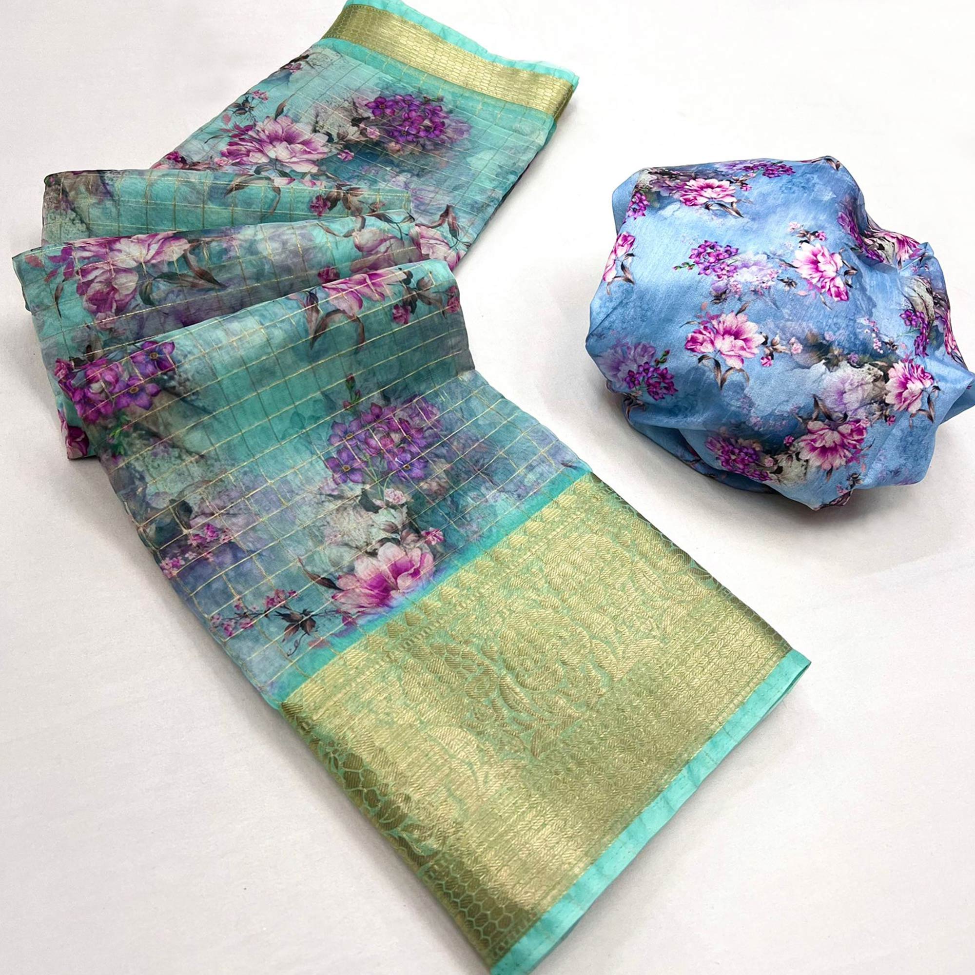 Blue Floral Digital Printed Organza Saree