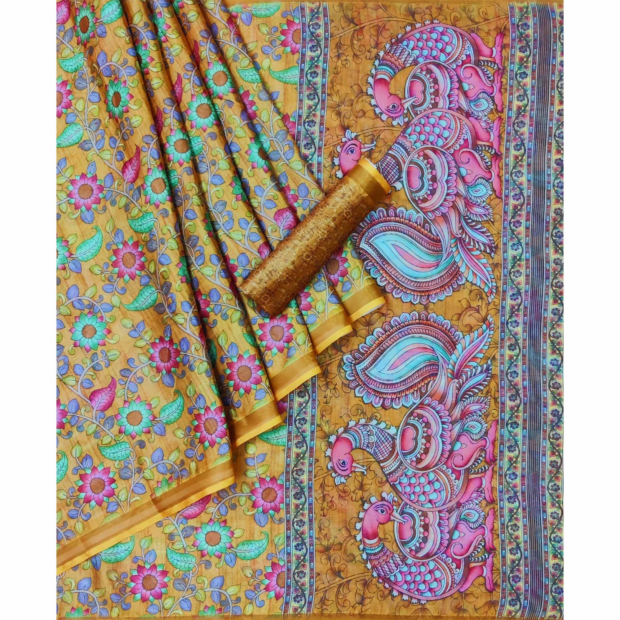 Yellow Floral Digital Printed Cotton Silk Saree