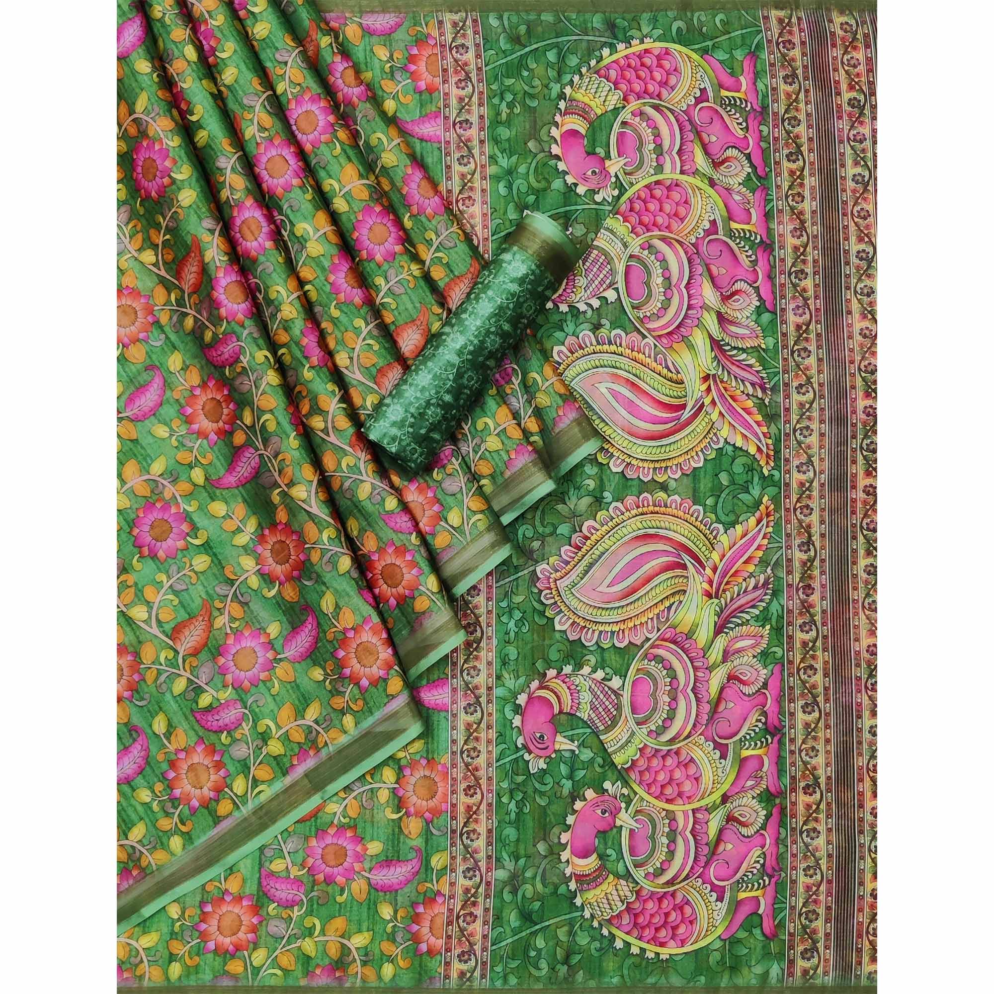 Green Floral Digital Printed Cotton Silk Saree