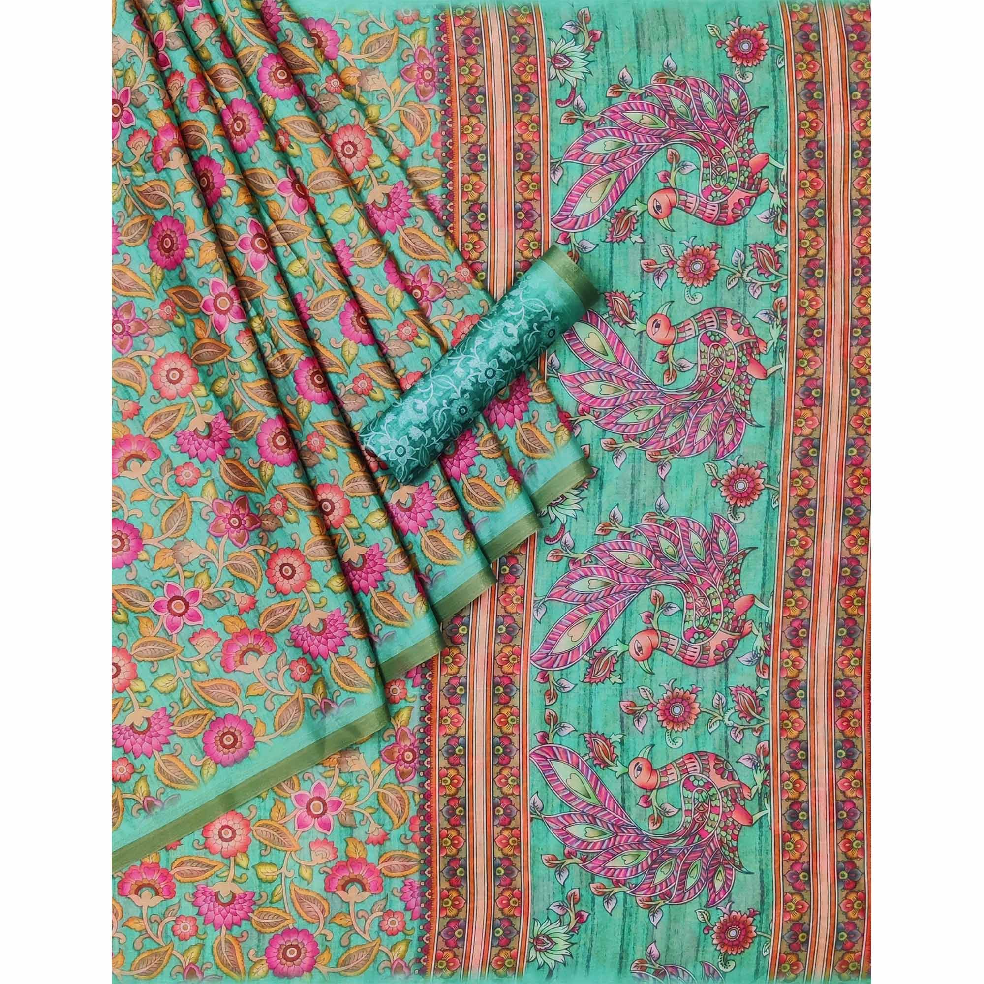 Turquoise Floral Digital Printed Cotton Silk Saree