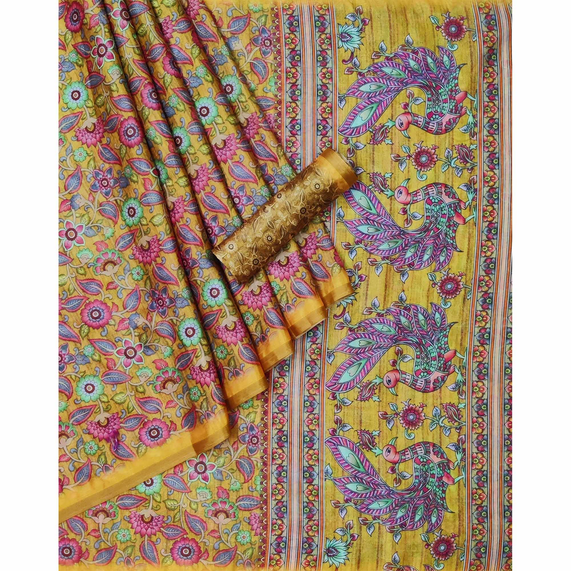Mustard Floral Digital Printed Cotton Silk Saree