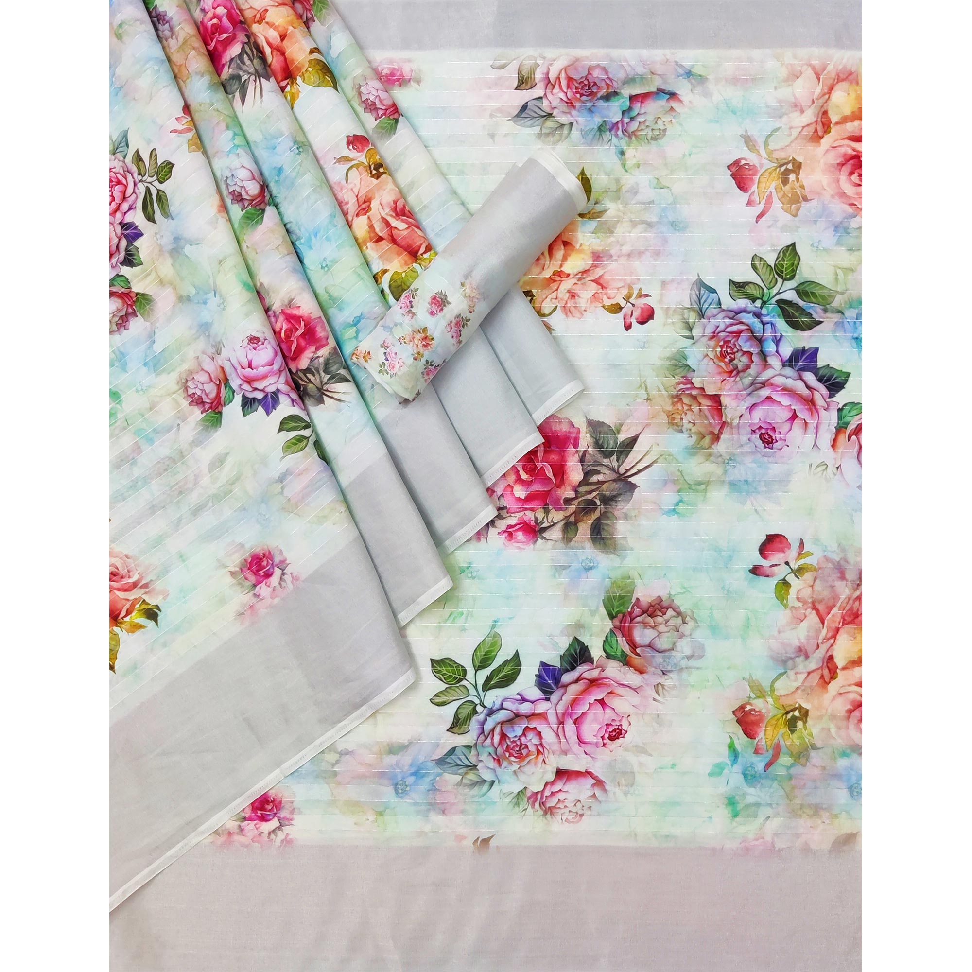 Blue Floral Digital Printed Cotton Silk Saree