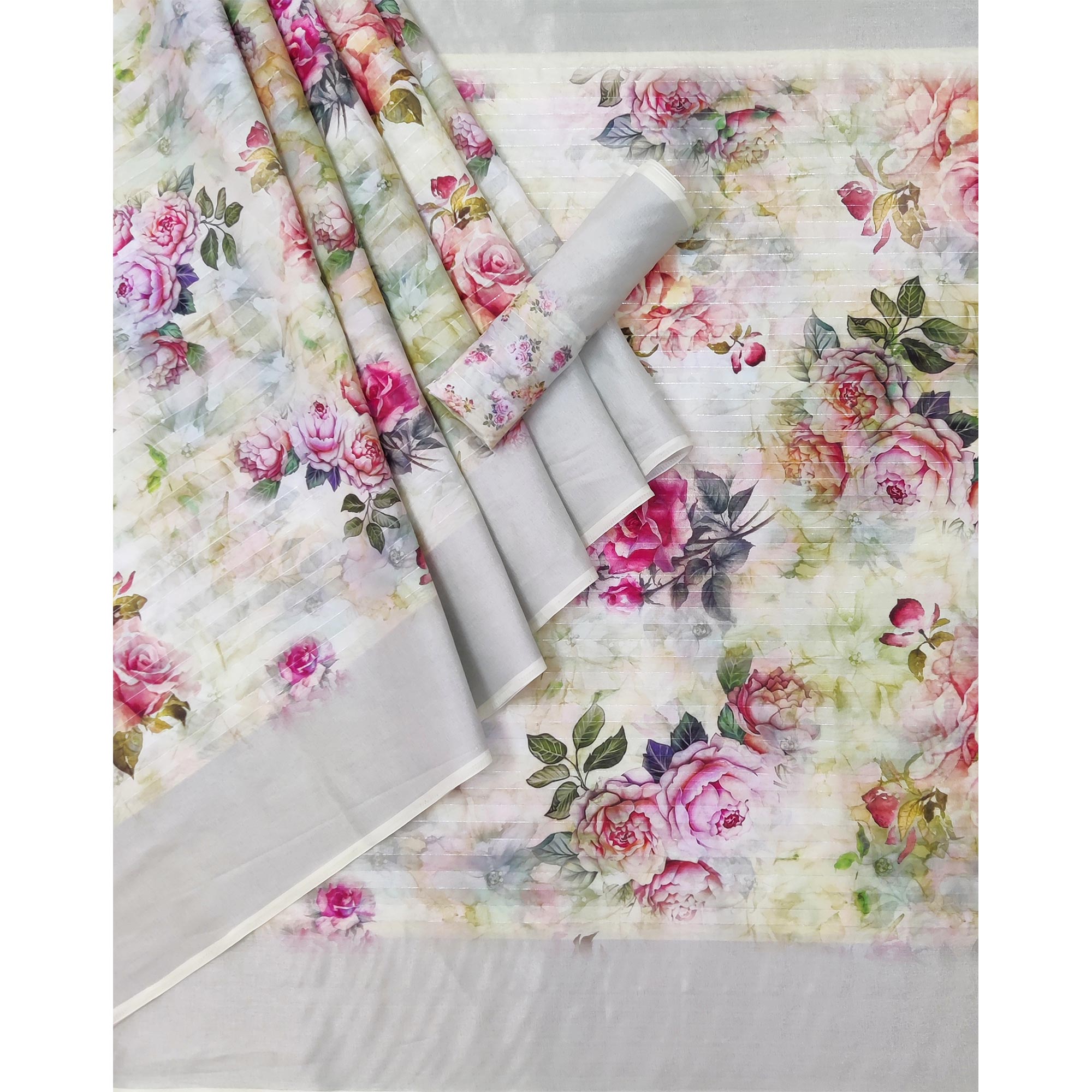 Grey Floral Digital Printed Cotton Silk Saree
