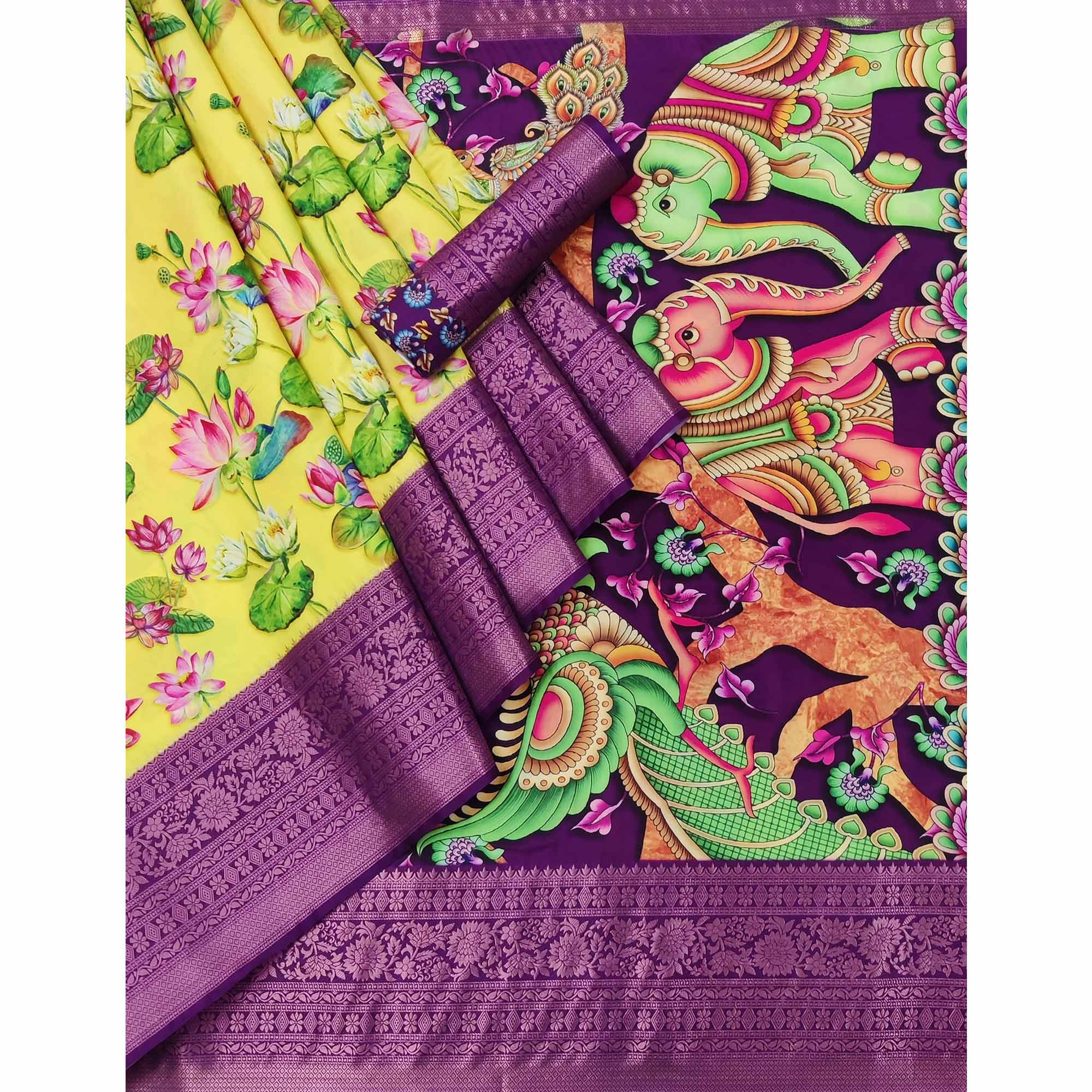 Yellow Floral Digital Printed With Woven Border Art Silk Saree