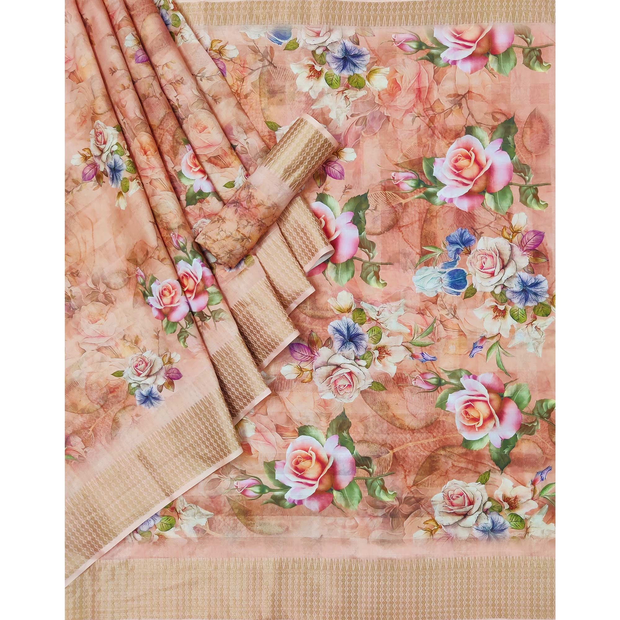Peach Floral Digital Printed Cotton Silk Saree