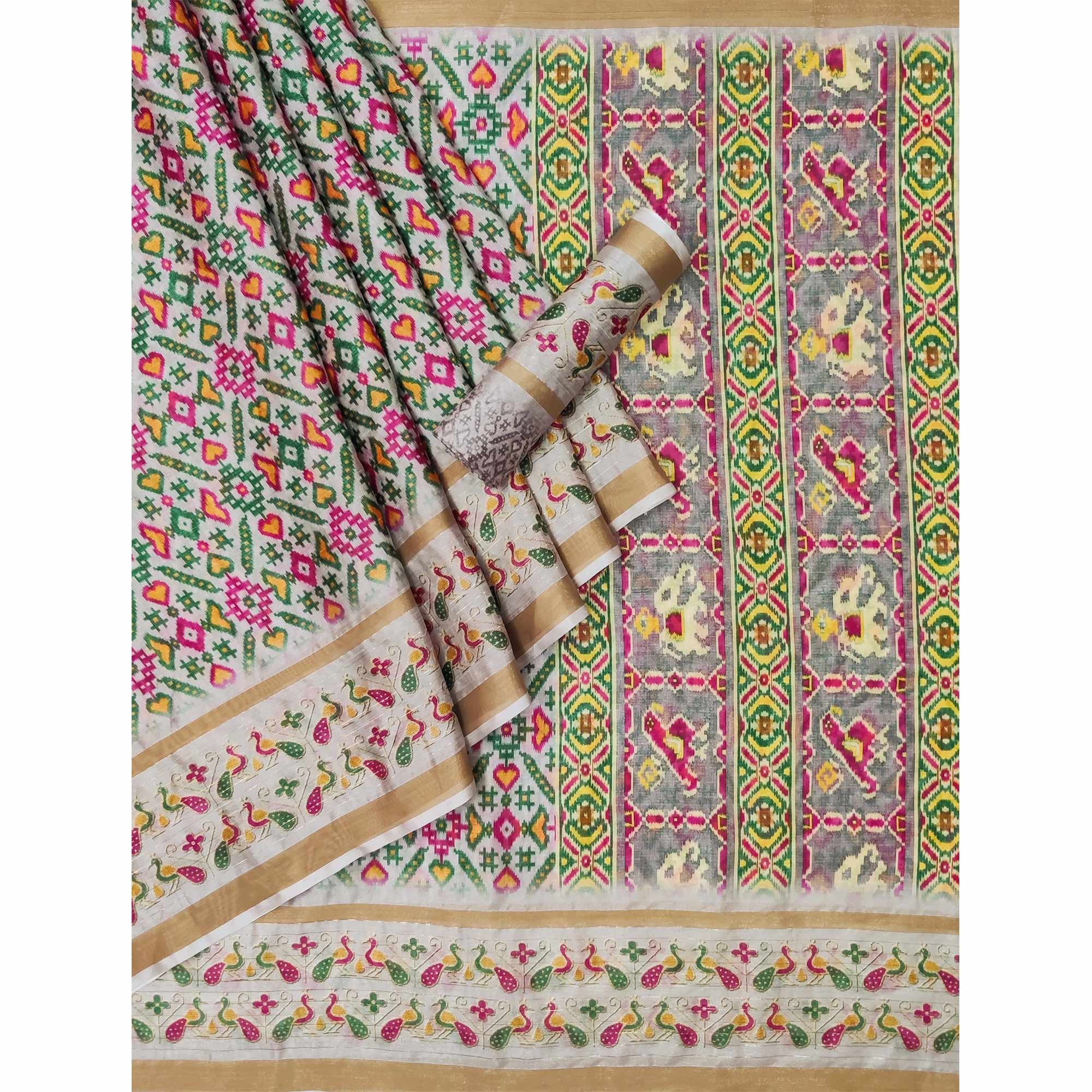 Grey Digital Printed Cotton Silk Saree