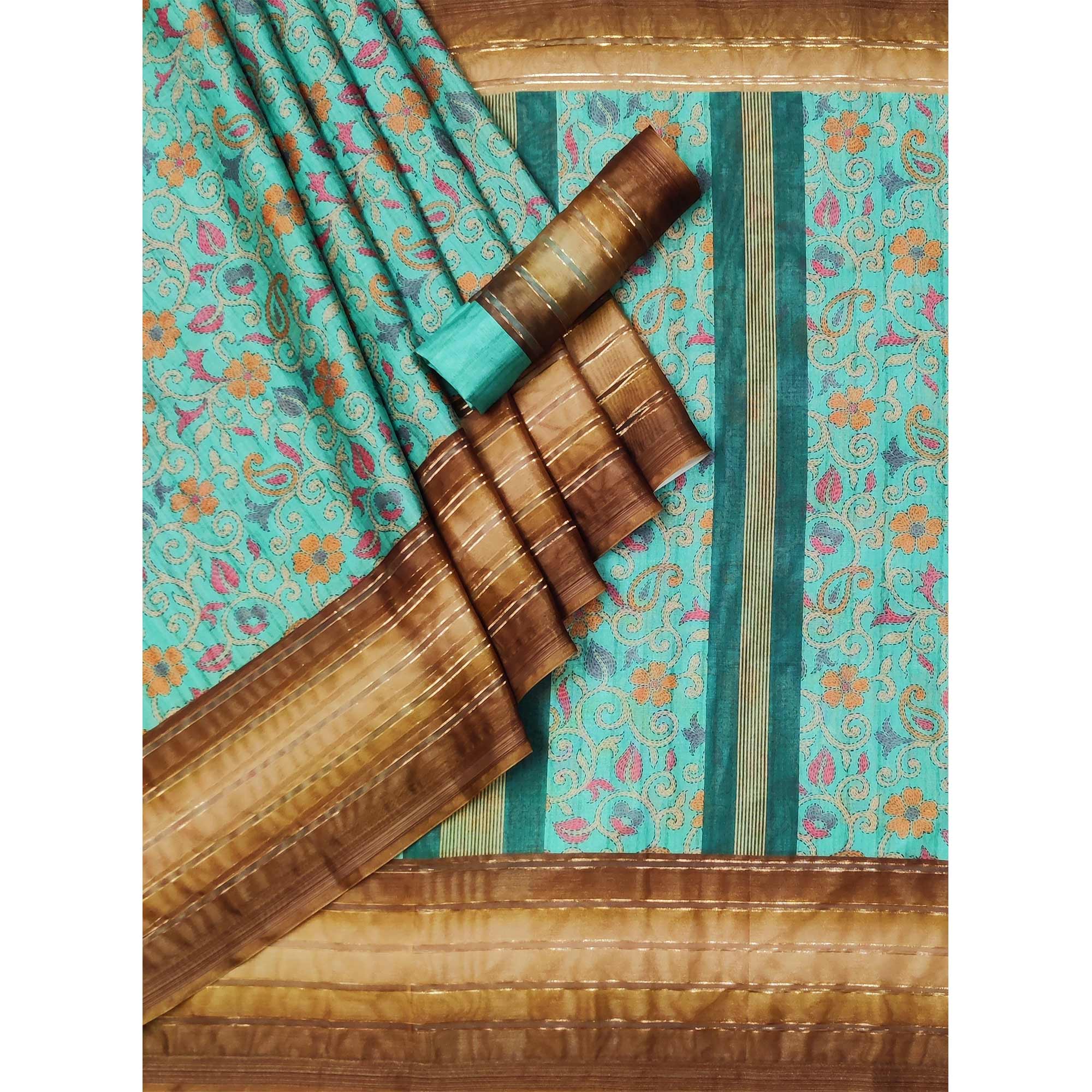 Turquoise Floral Digital Printed Cotton Silk Saree