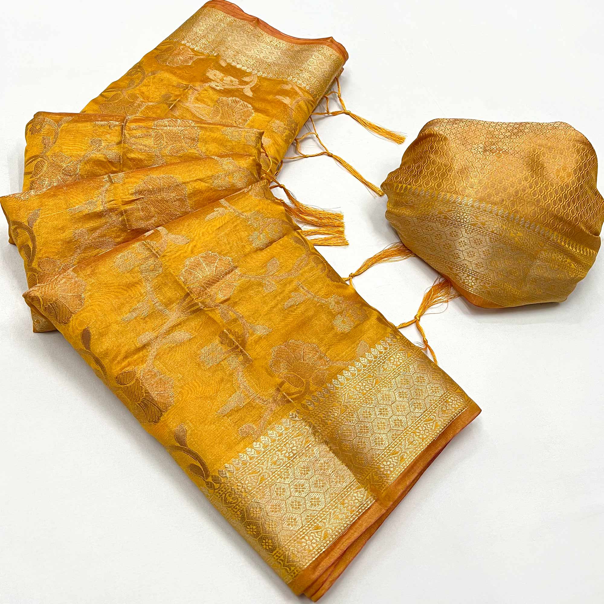 Yellow Floral Woven Organza Saree