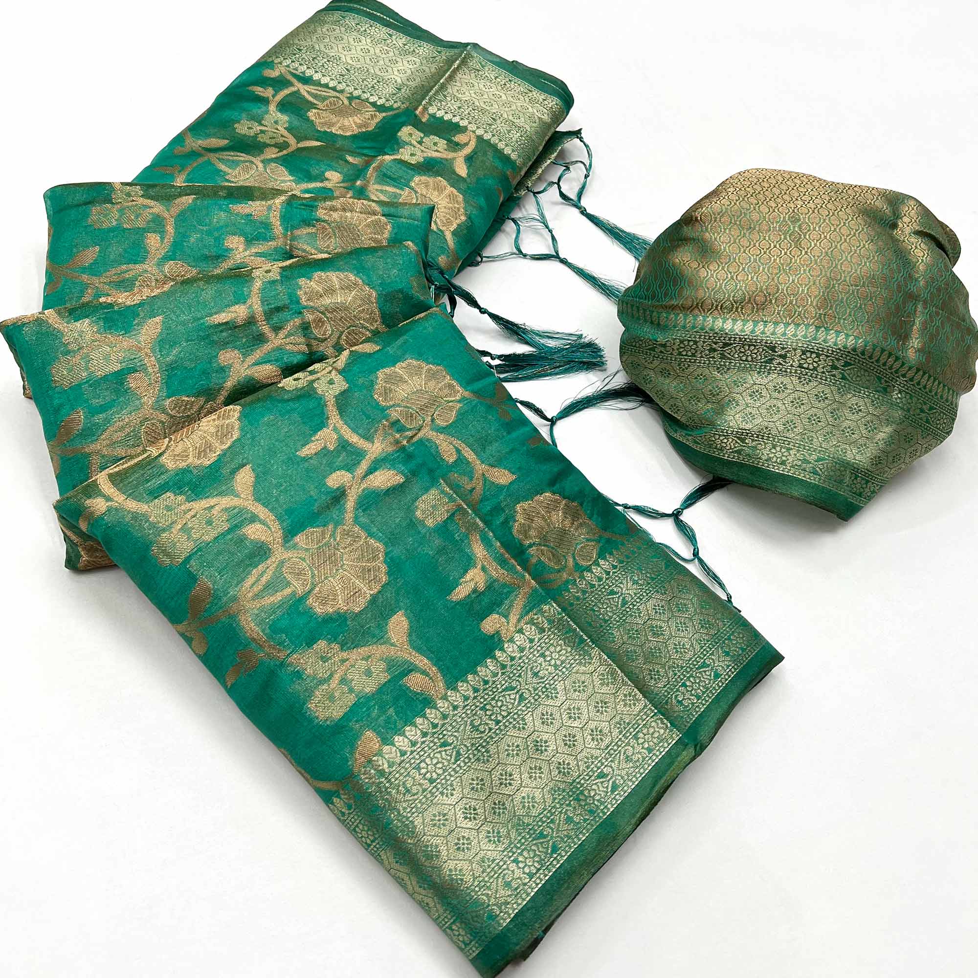 Rama Green Floral Woven Organza Saree