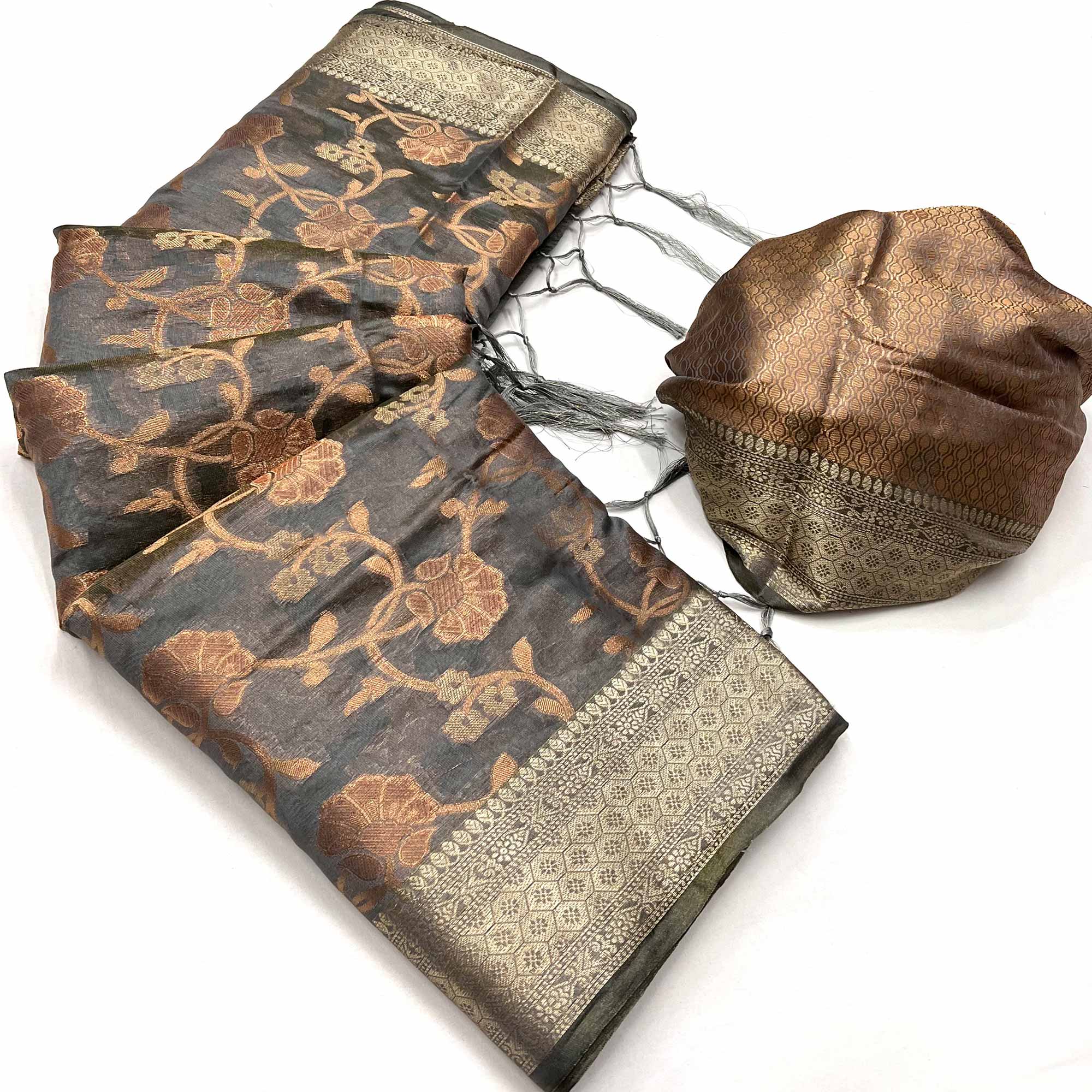 Grey Floral Woven Organza Saree