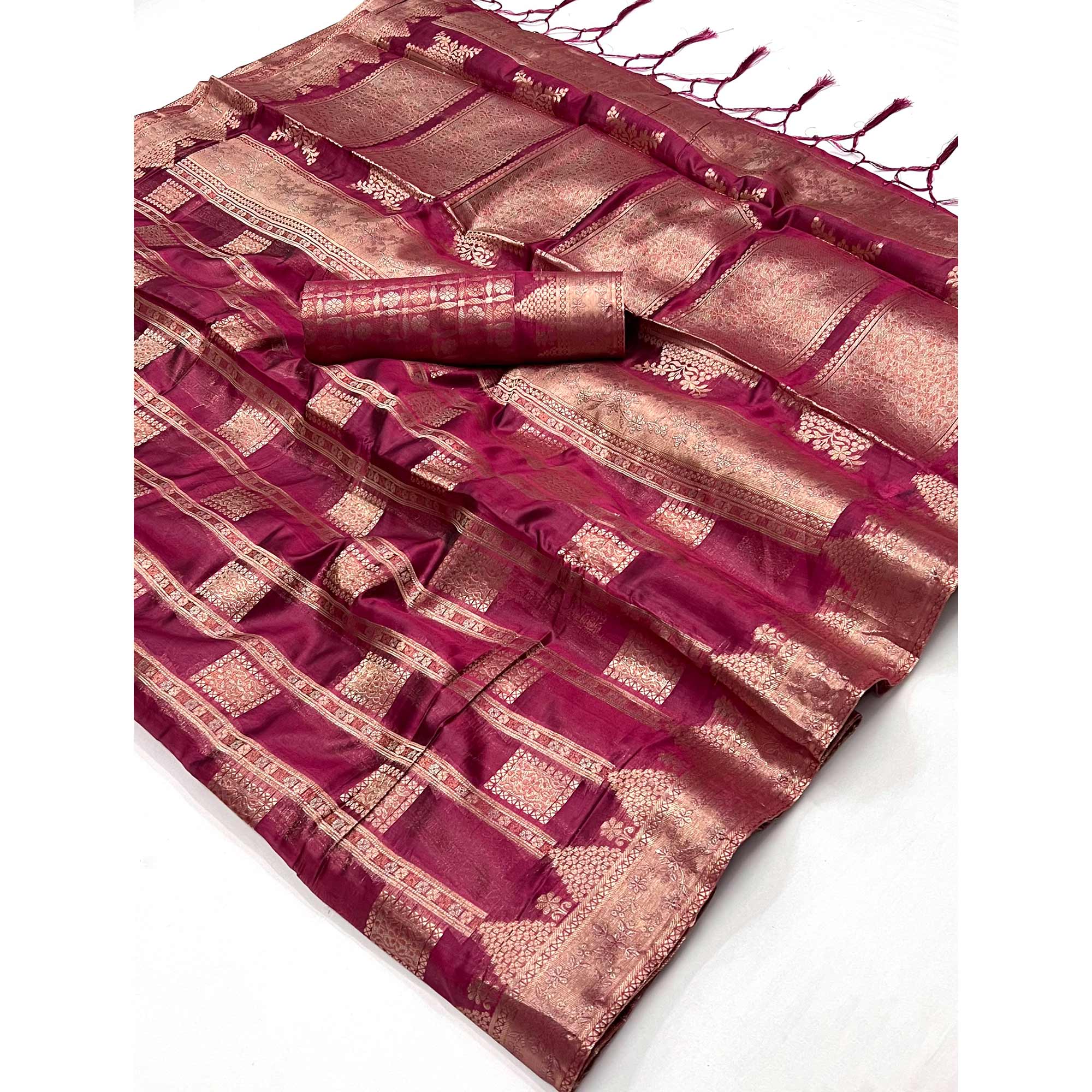 Wine Woven Cotton Blend Saree With Tassels