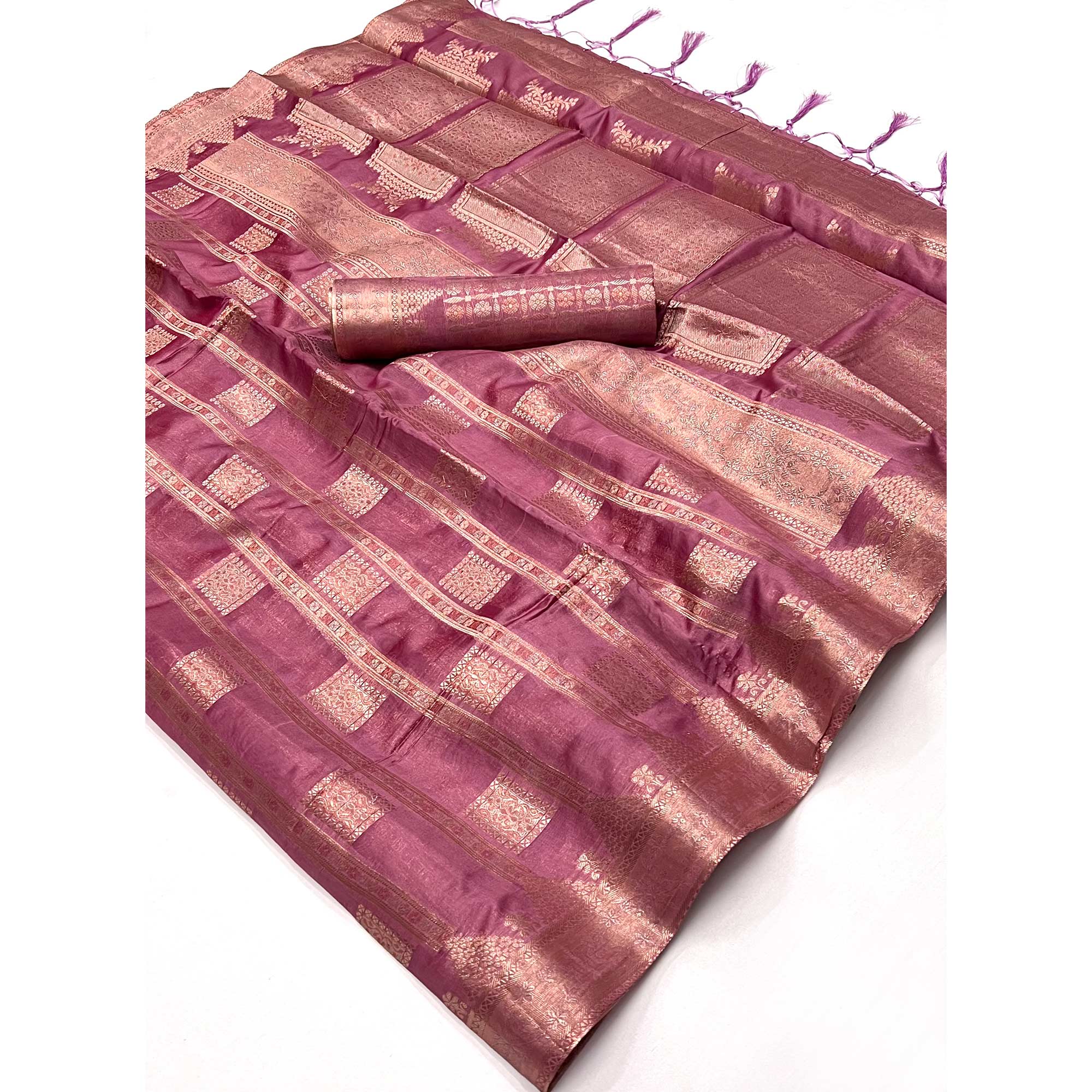 Mauve Woven Cotton Blend Saree With Tassels