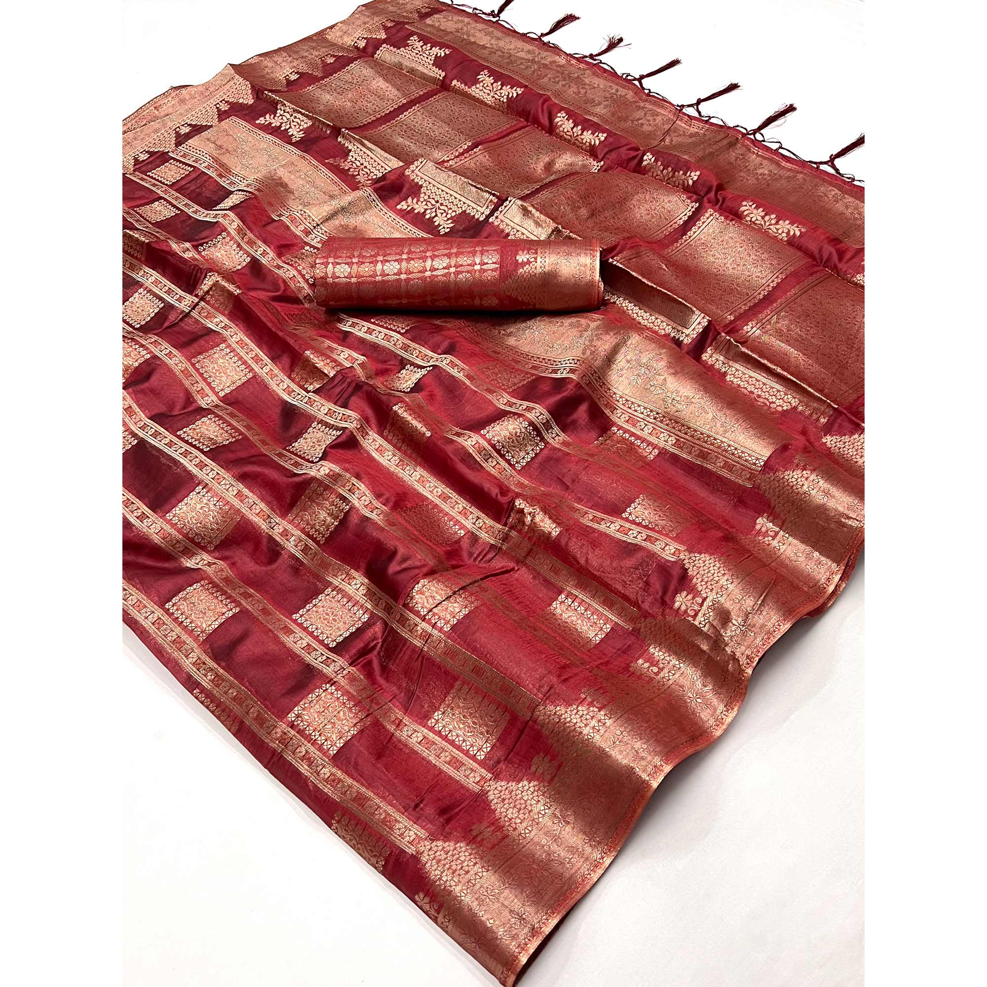 Red Woven Cotton Blend Saree With Tassels