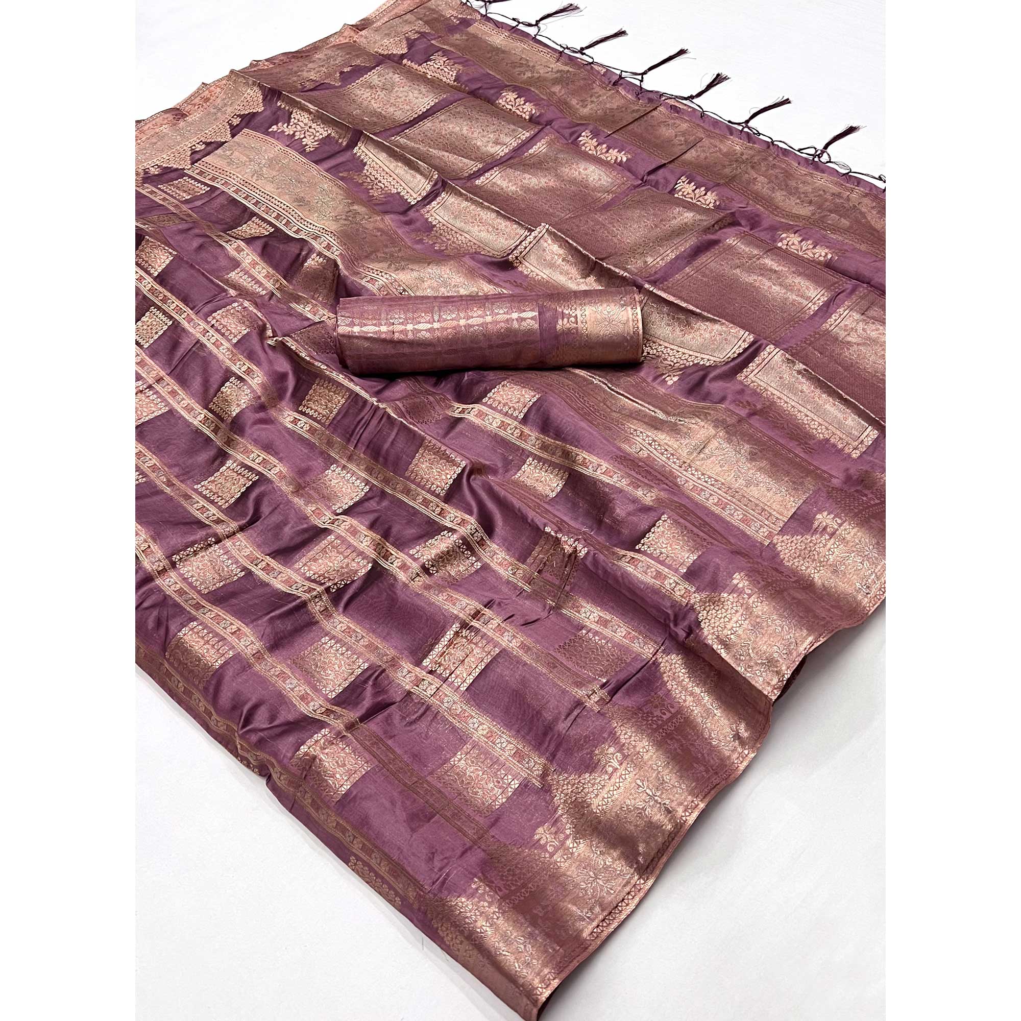 Purple Woven Cotton Blend Saree With Tassels