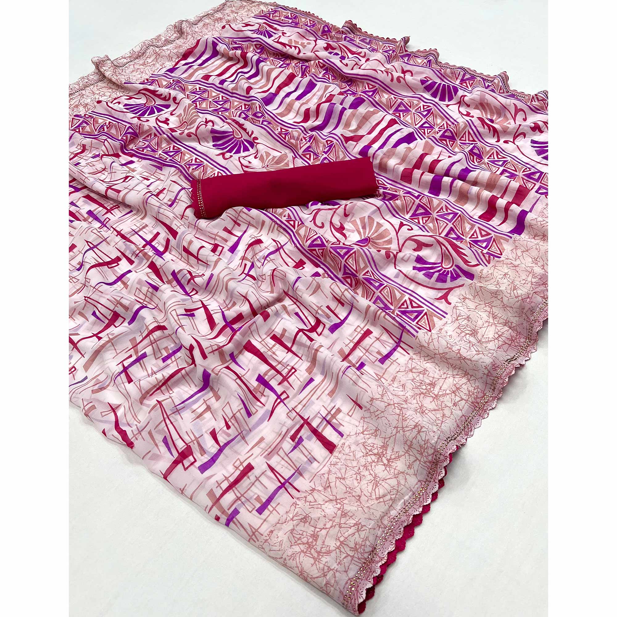 White & Rani Pink Geometric Printed Georgette Saree