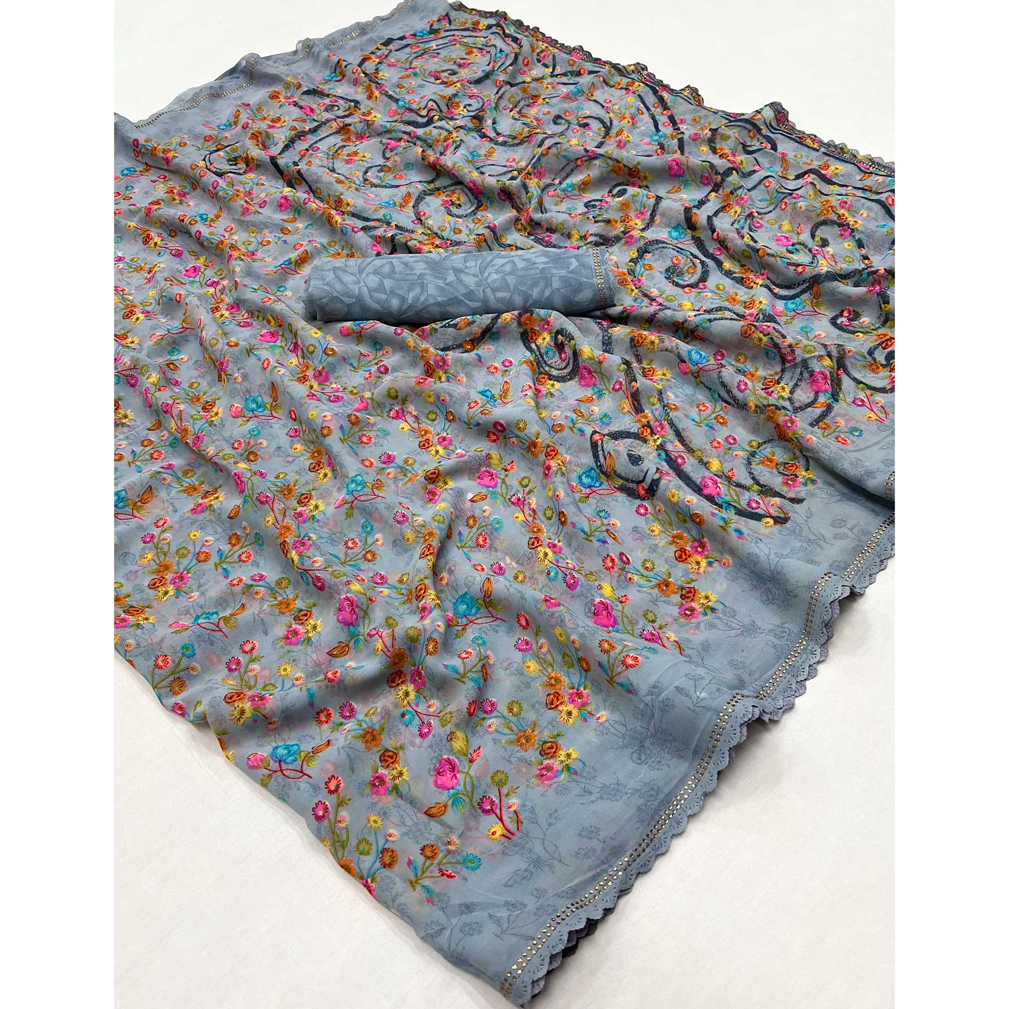 Grey Floral Printed Georgette Saree