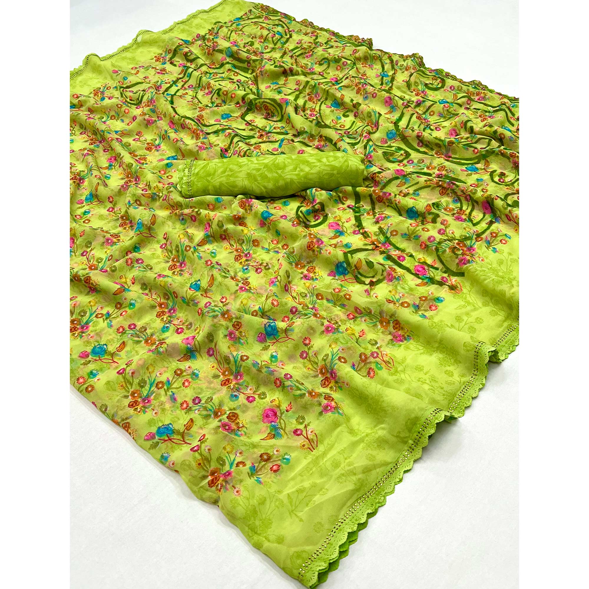 Green Floral Printed Georgette Saree