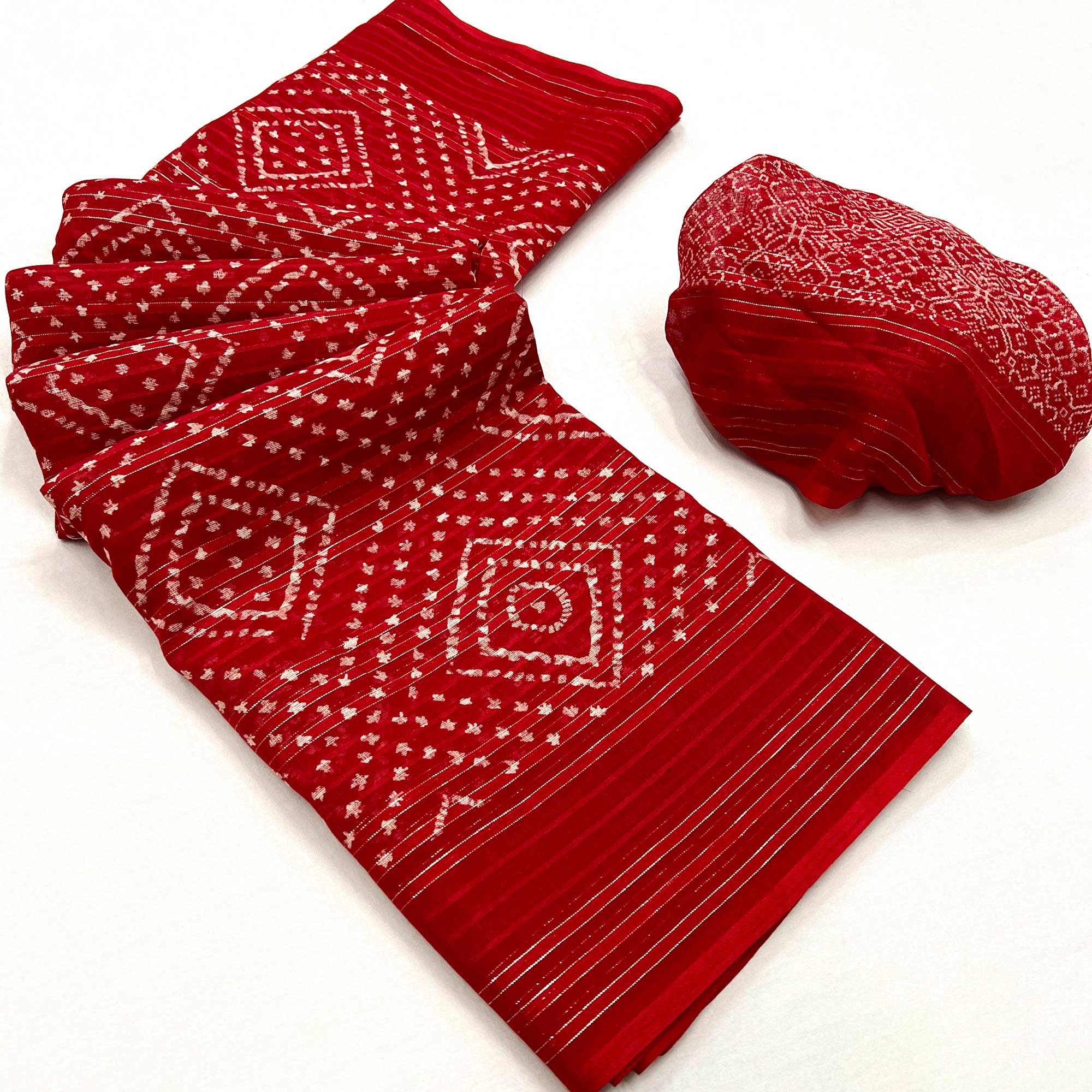 Red Woven With Printed Linen Saree