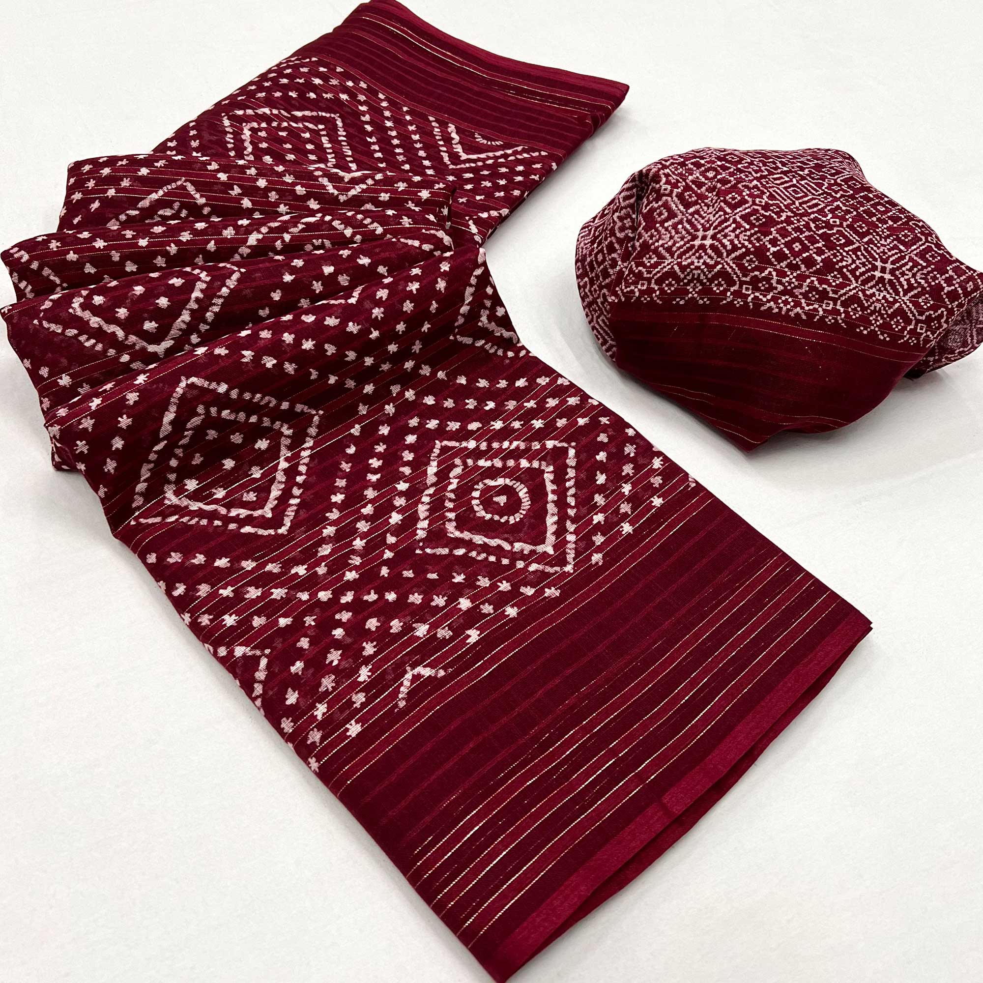 Wine Woven With Printed Linen Saree