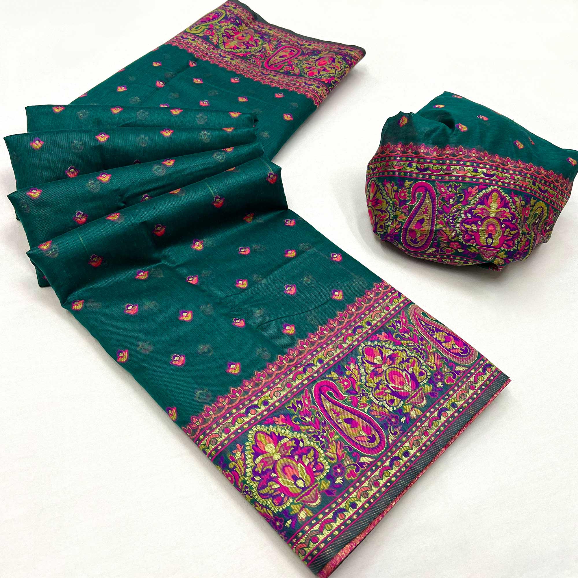 Teal Green Floral Woven Pashmina Saree