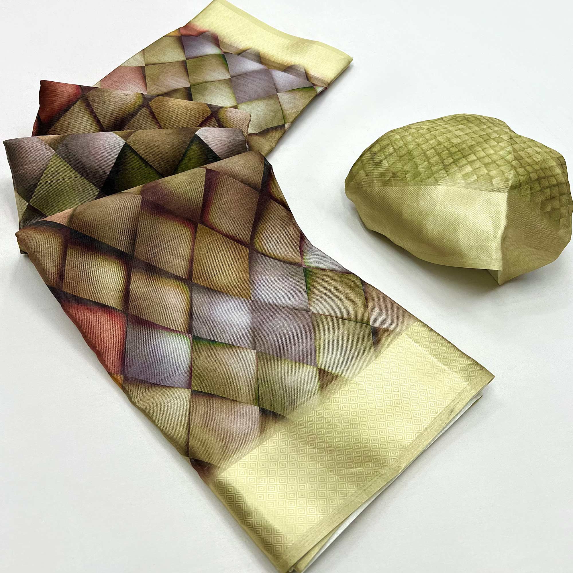 Lemon Green Digital Printed Cotton Blend Saree With Fancy Border