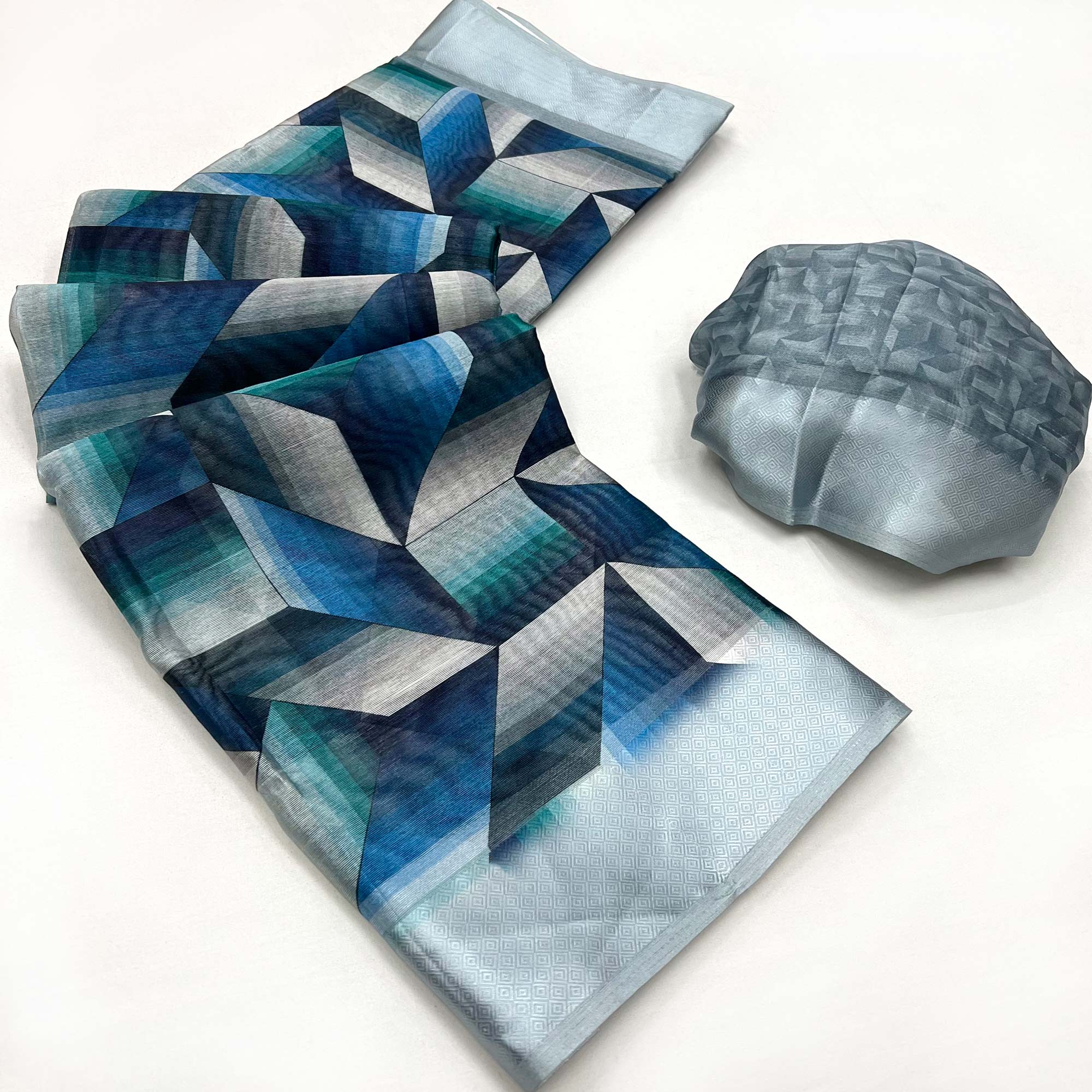 Blue Digital Printed Cotton Blend Saree With Fancy Border