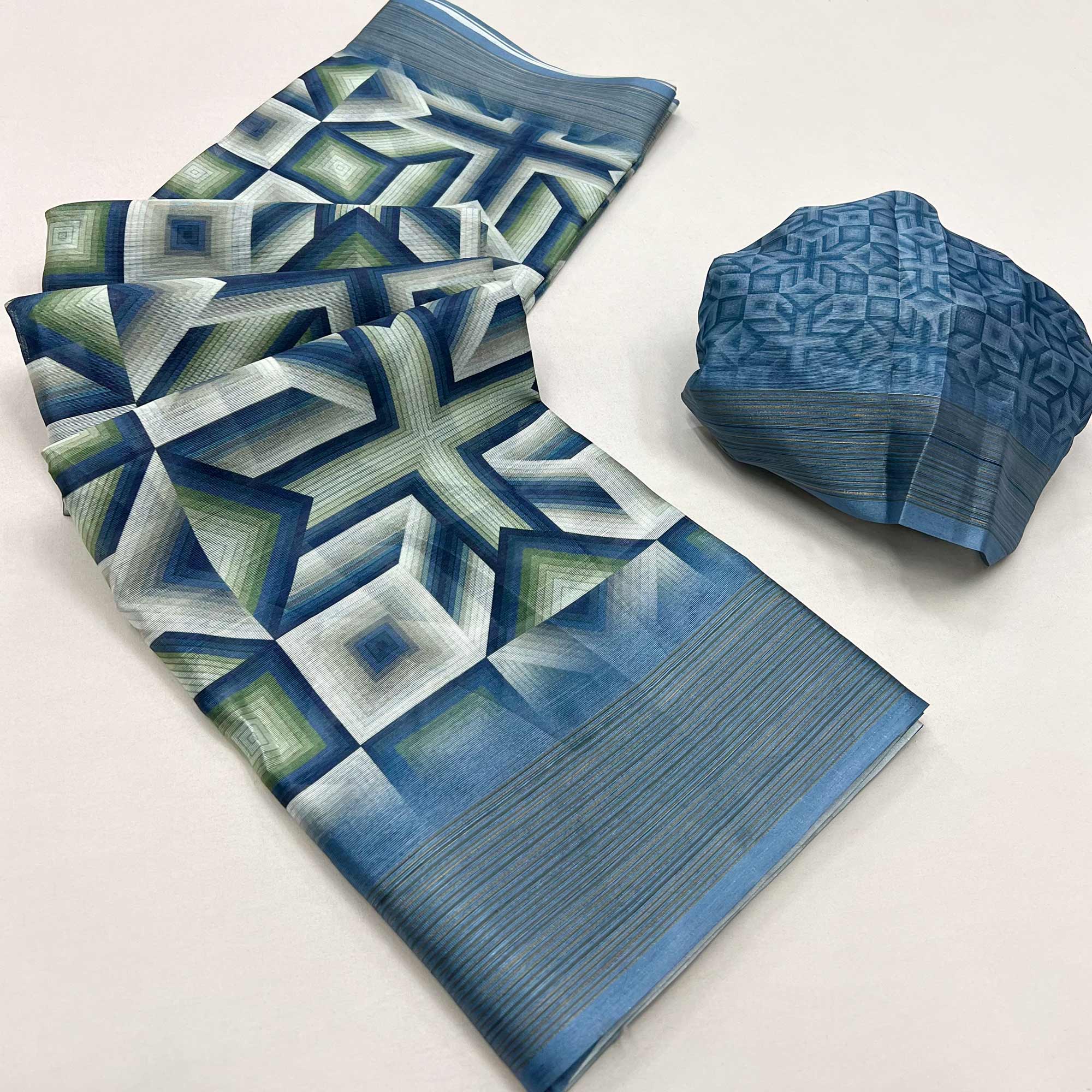 Blue Digital Printed Cotton Blend Saree With Fancy Border