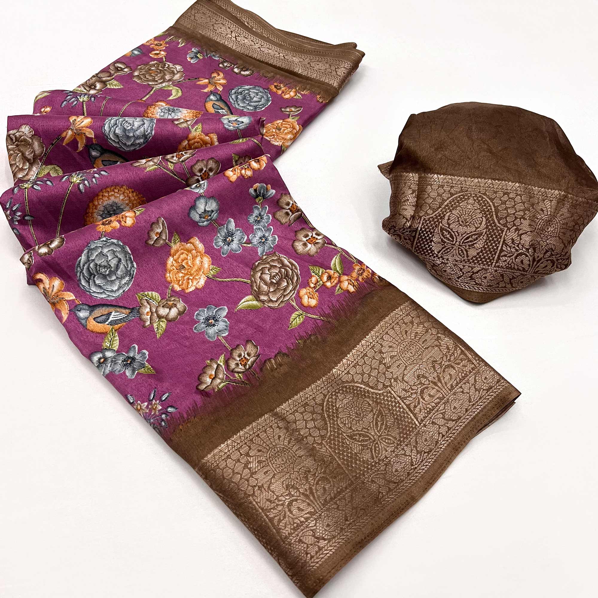 Purple Floral Printed Dola Silk Saree