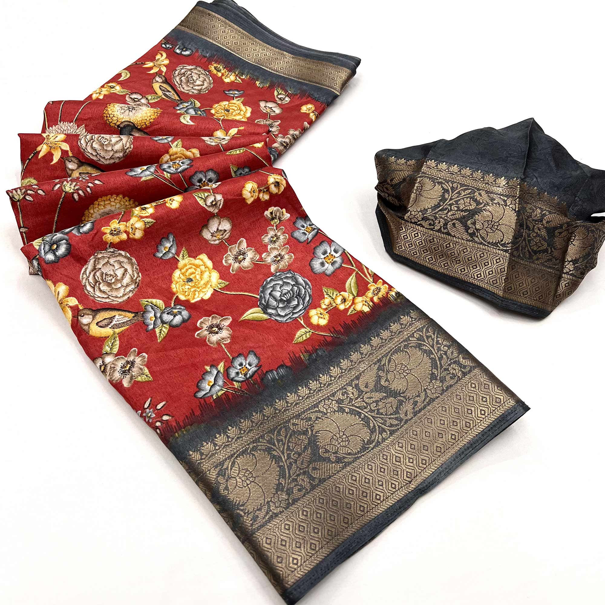 Red Floral Printed Dola Silk Saree