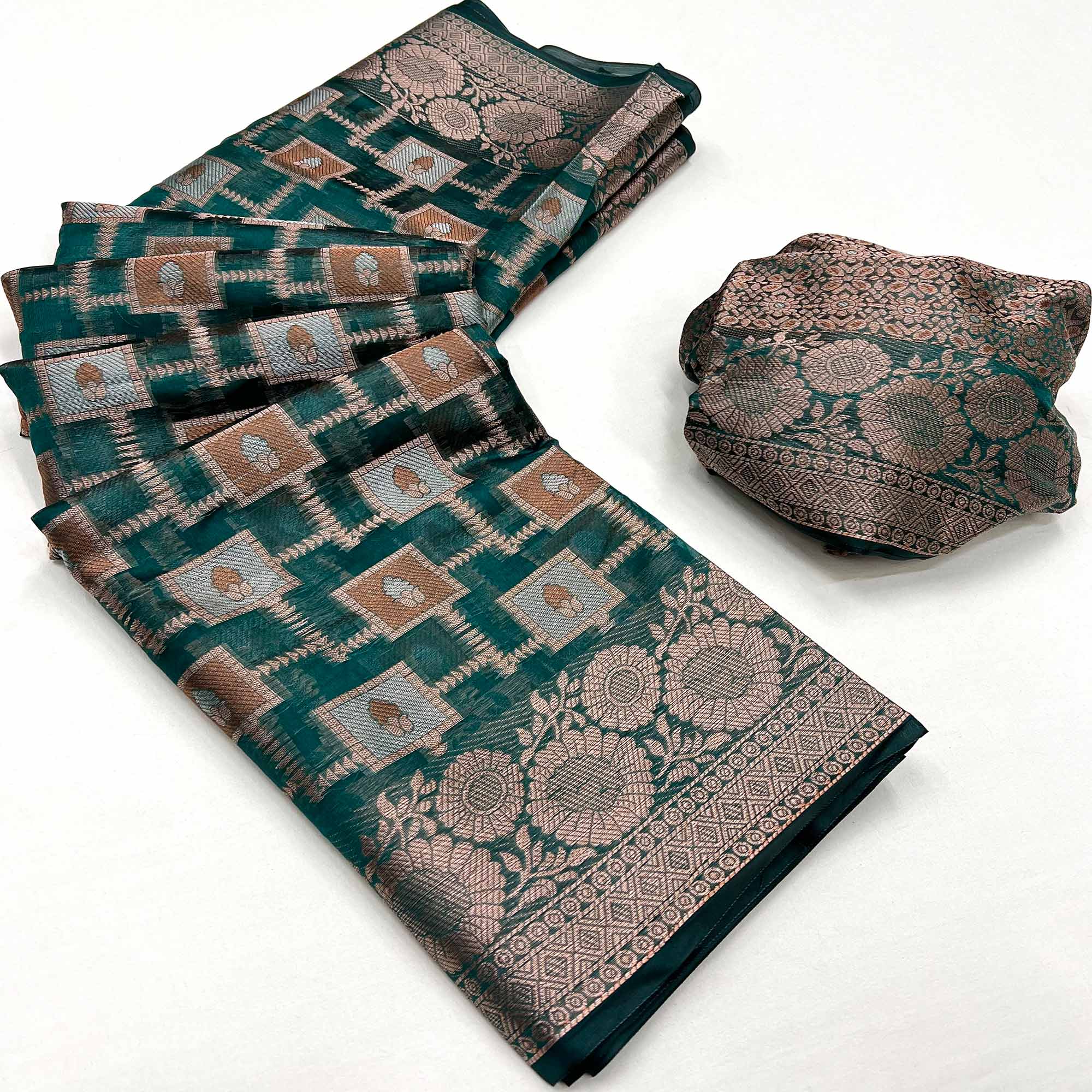 Teal Green Floral Woven Organza Saree