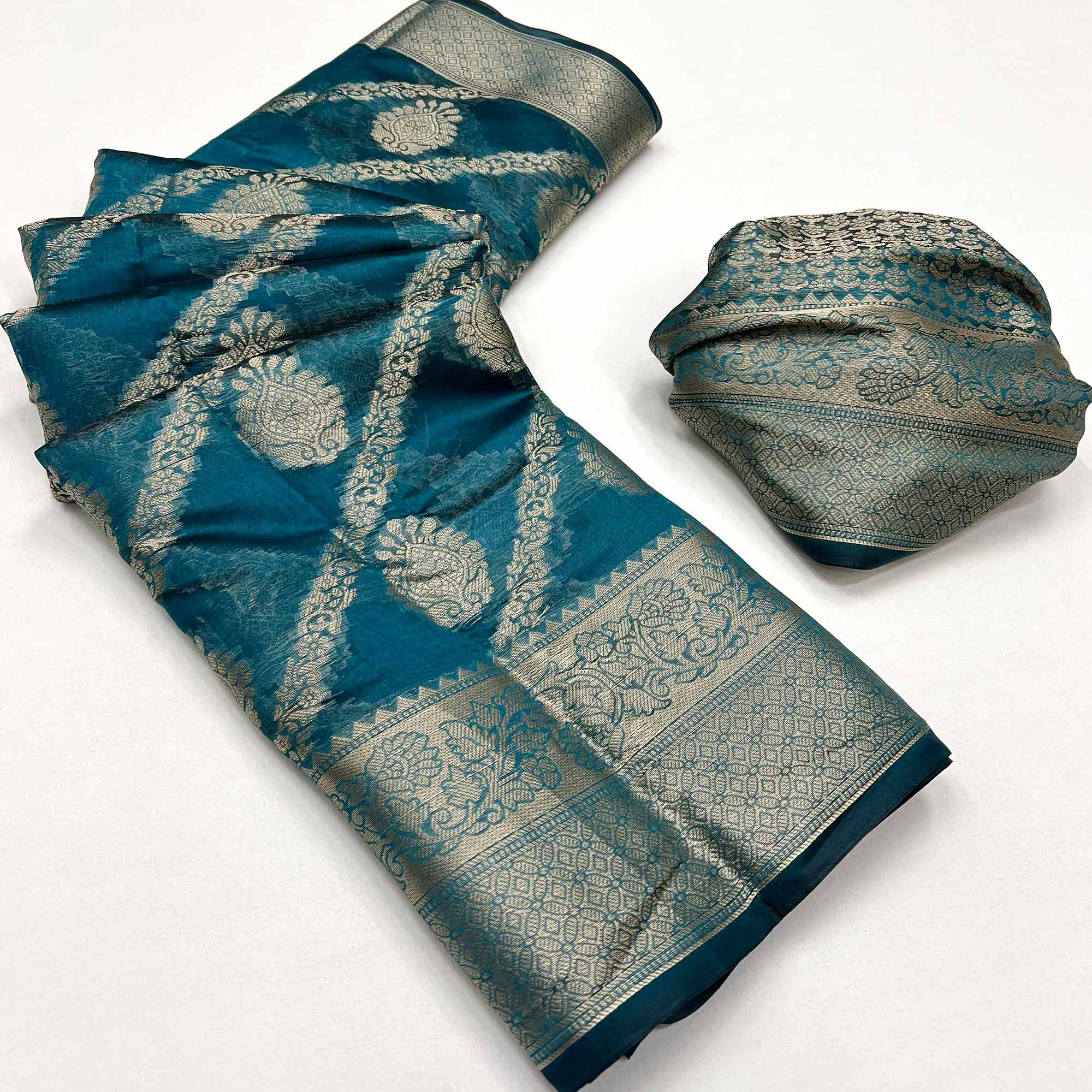 Teal Blue Floral Woven Organza Saree