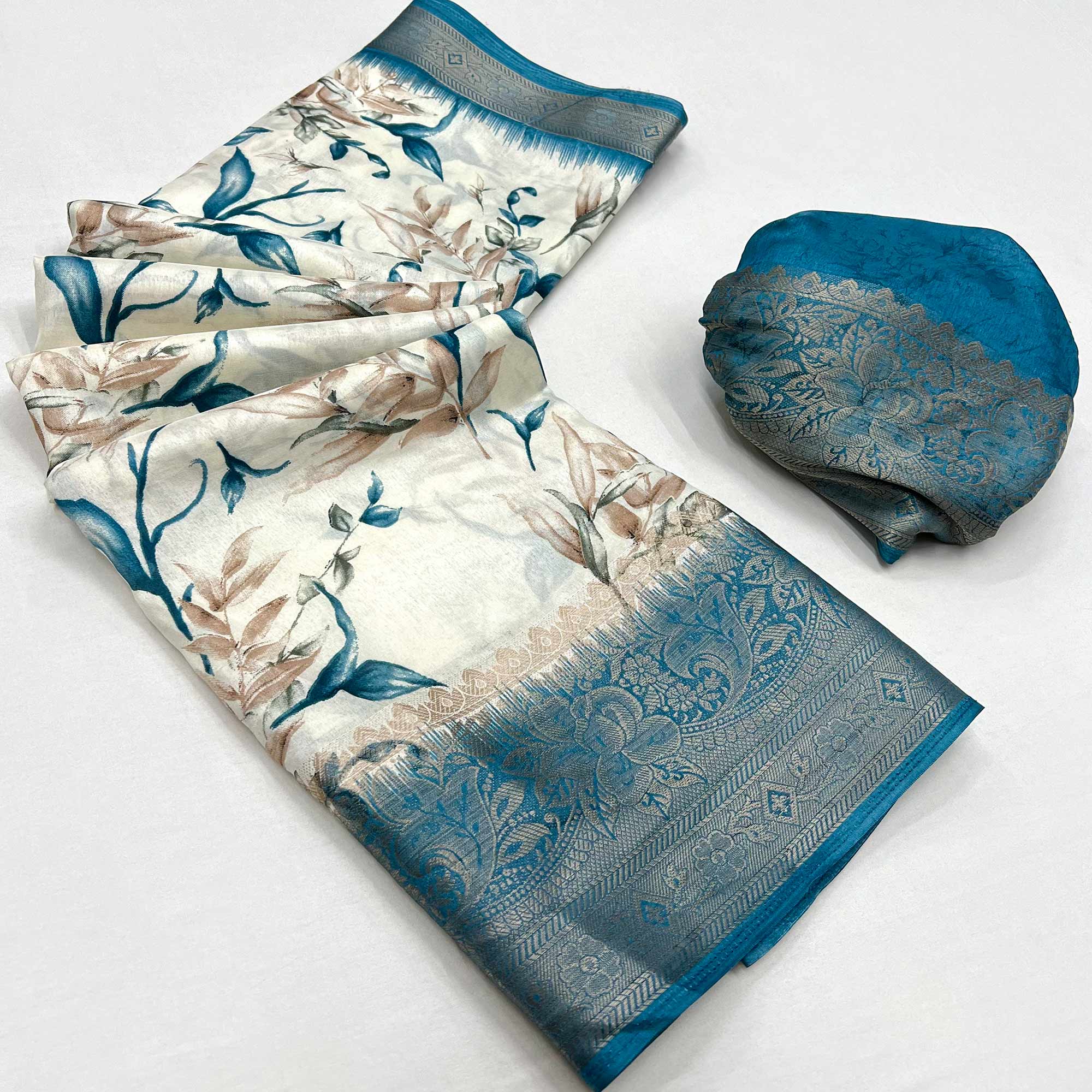White & Morpich Floral Printed Dola Silk Saree With Woven Border
