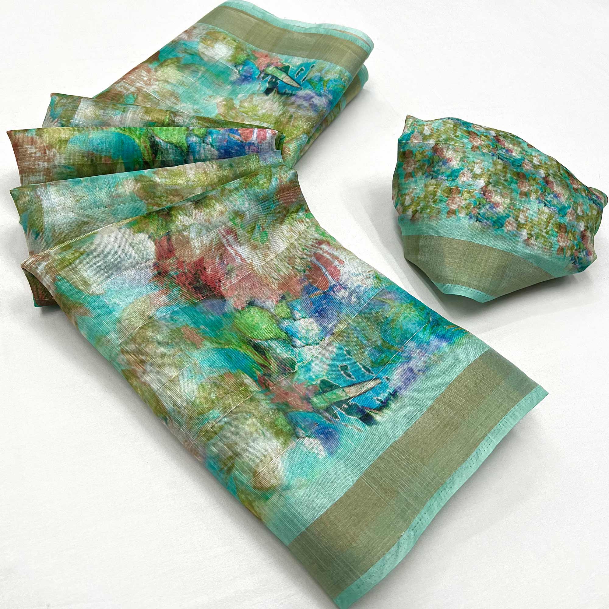 Turquoise Digital Printed Cotton Blend Saree With Jacquard Border