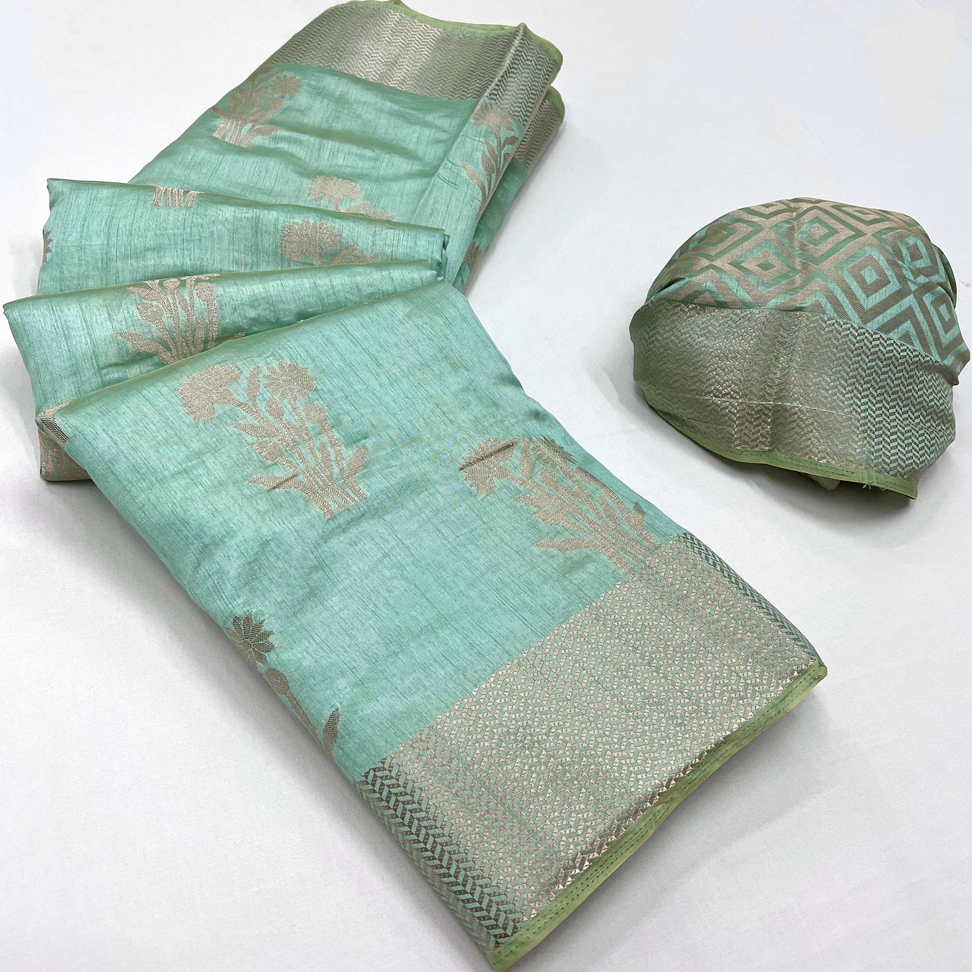 Sea Green Floral Woven Raw Silk Saree