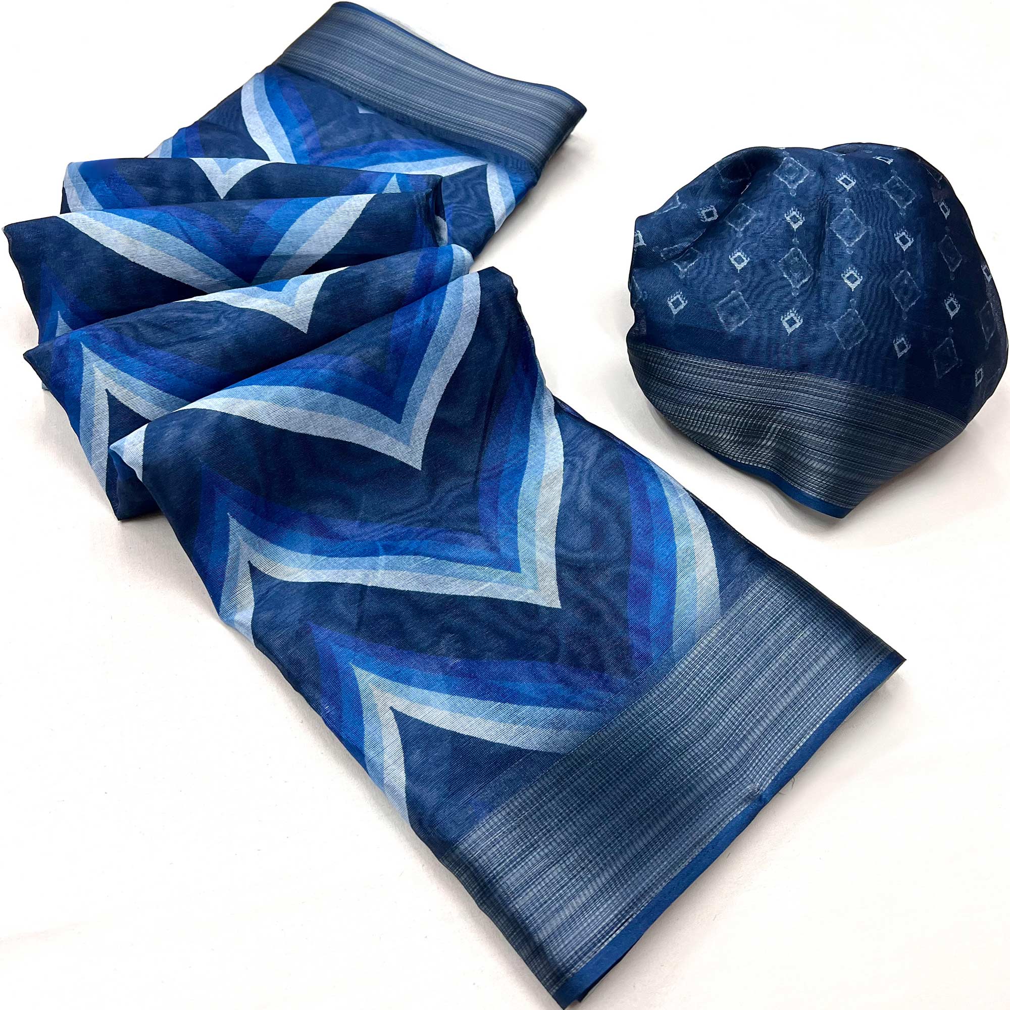 Blue Digital Printed Cotton Blend Saree With Zari Border