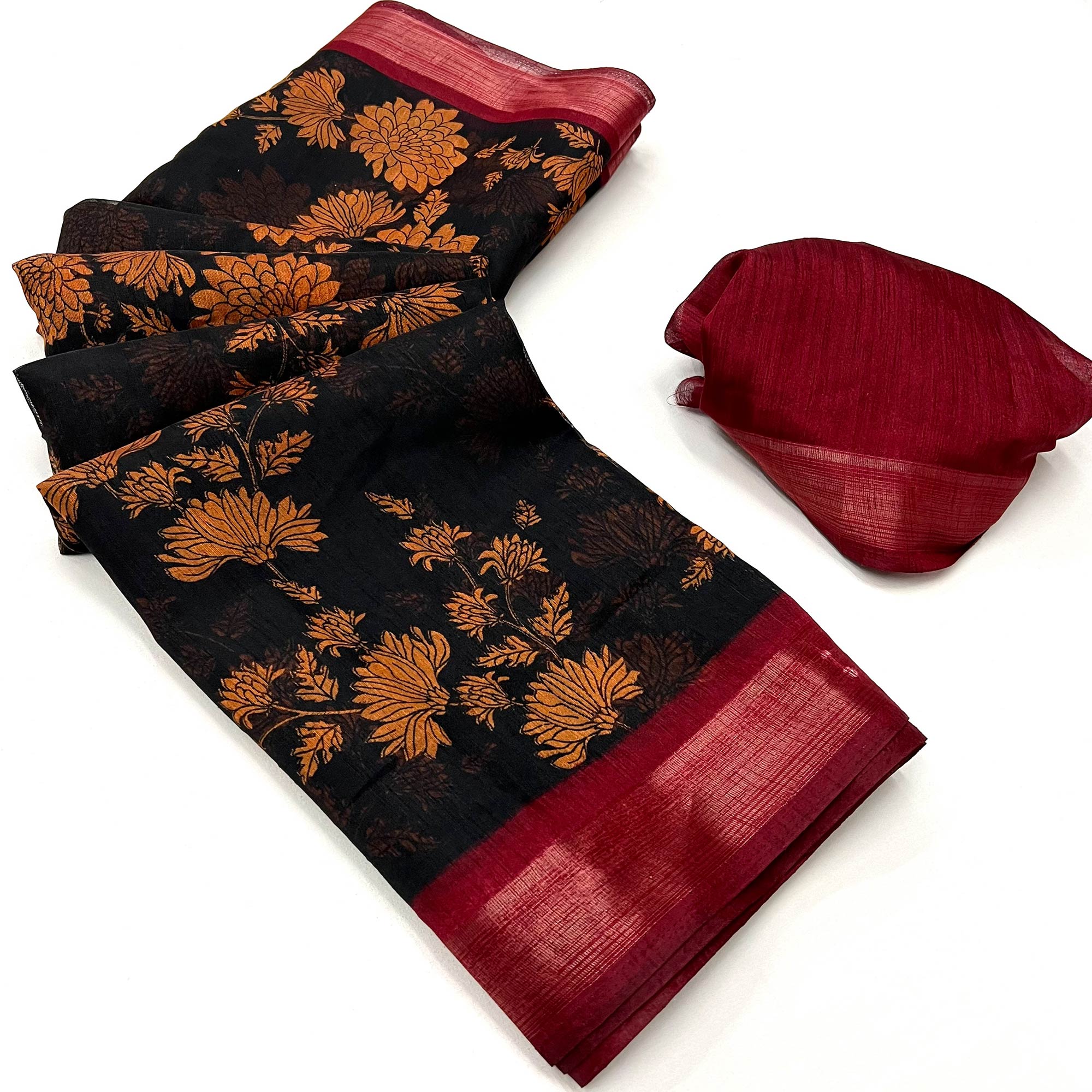 Black & Red Floral Printed Dola Silk Saree With Woven Border