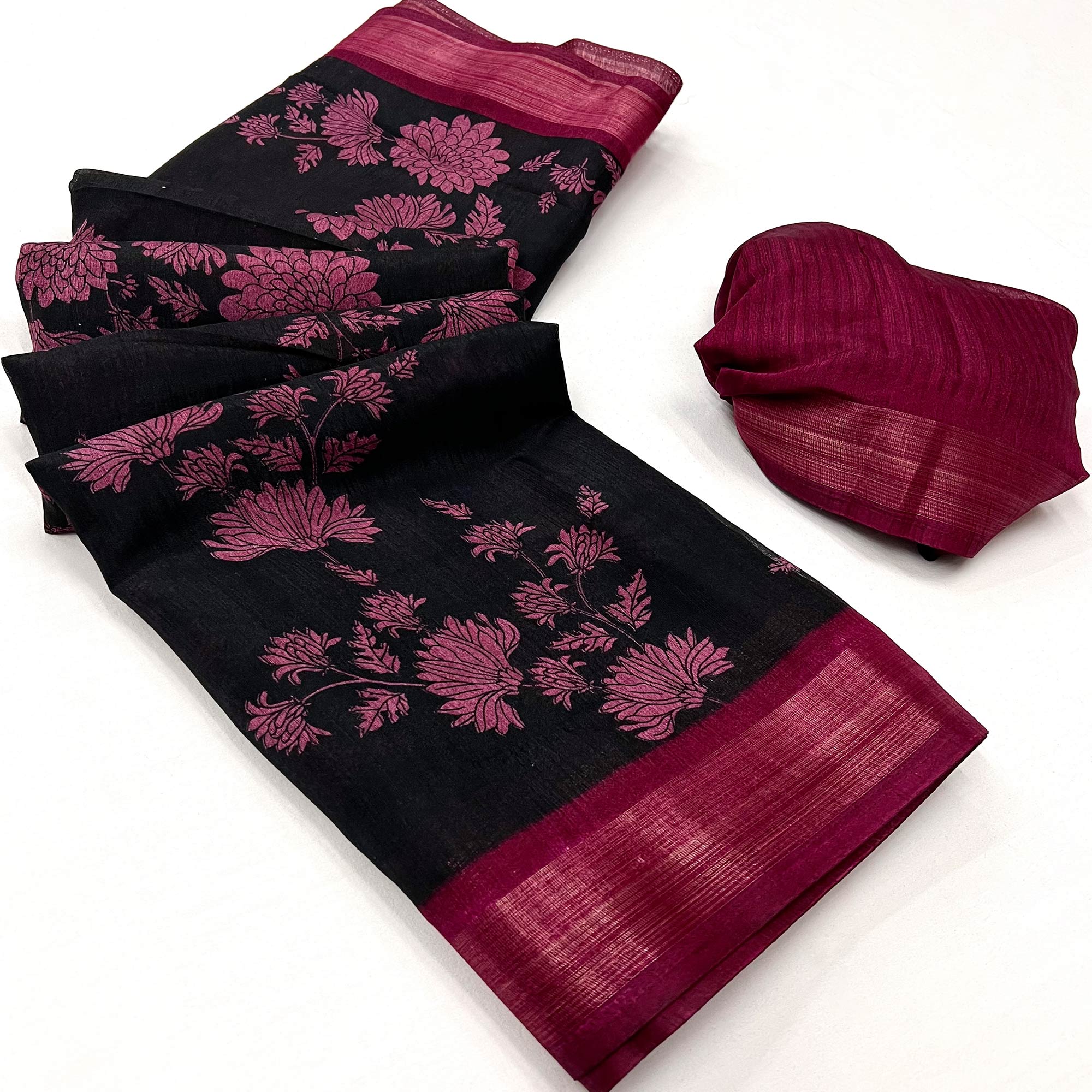 Black & Pink Floral Printed Dola Silk Saree With Woven Border