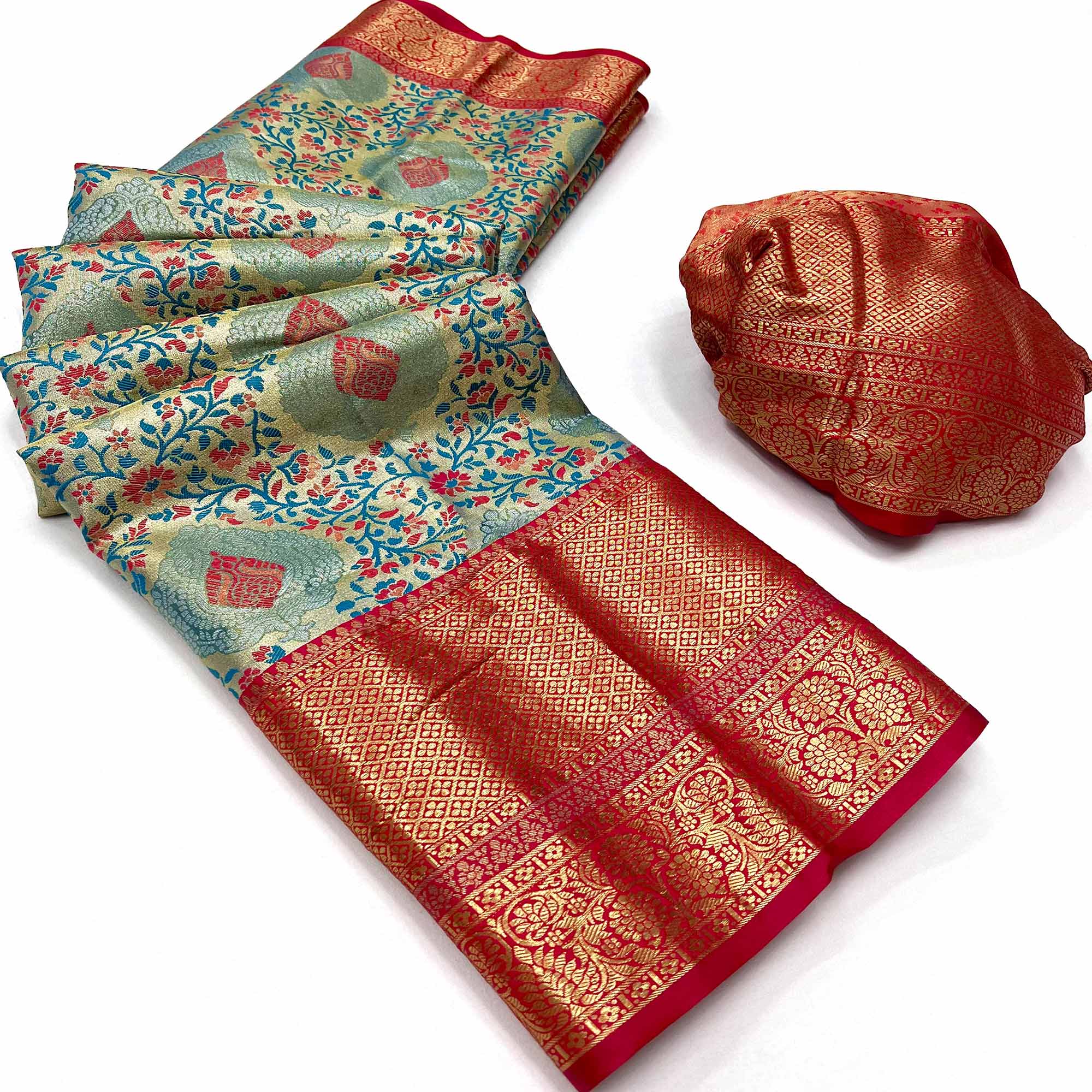 Blue & Red Floral Woven Kanjivaram Silk Saree