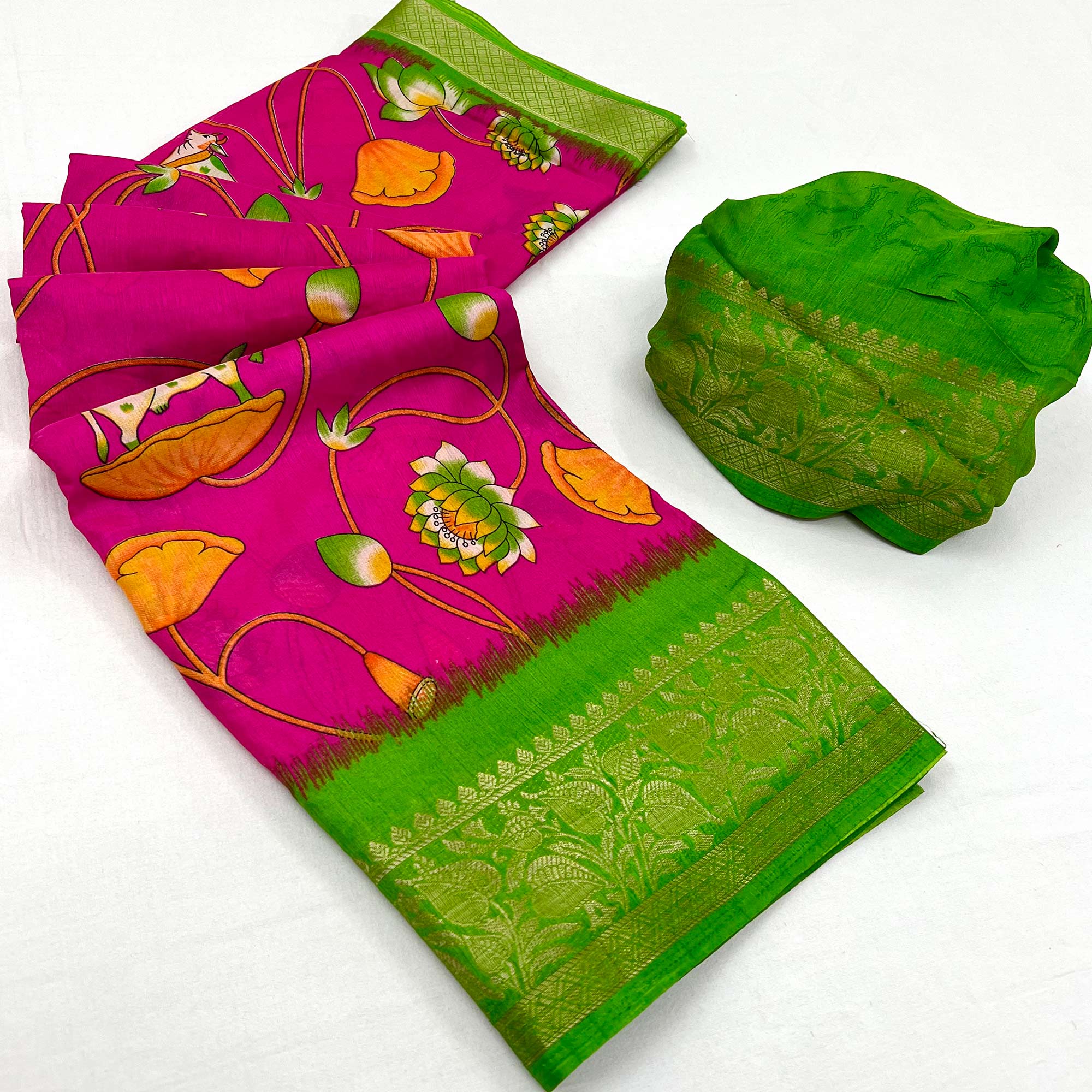 Rani Pink Floral Printed Dola Silk Saree