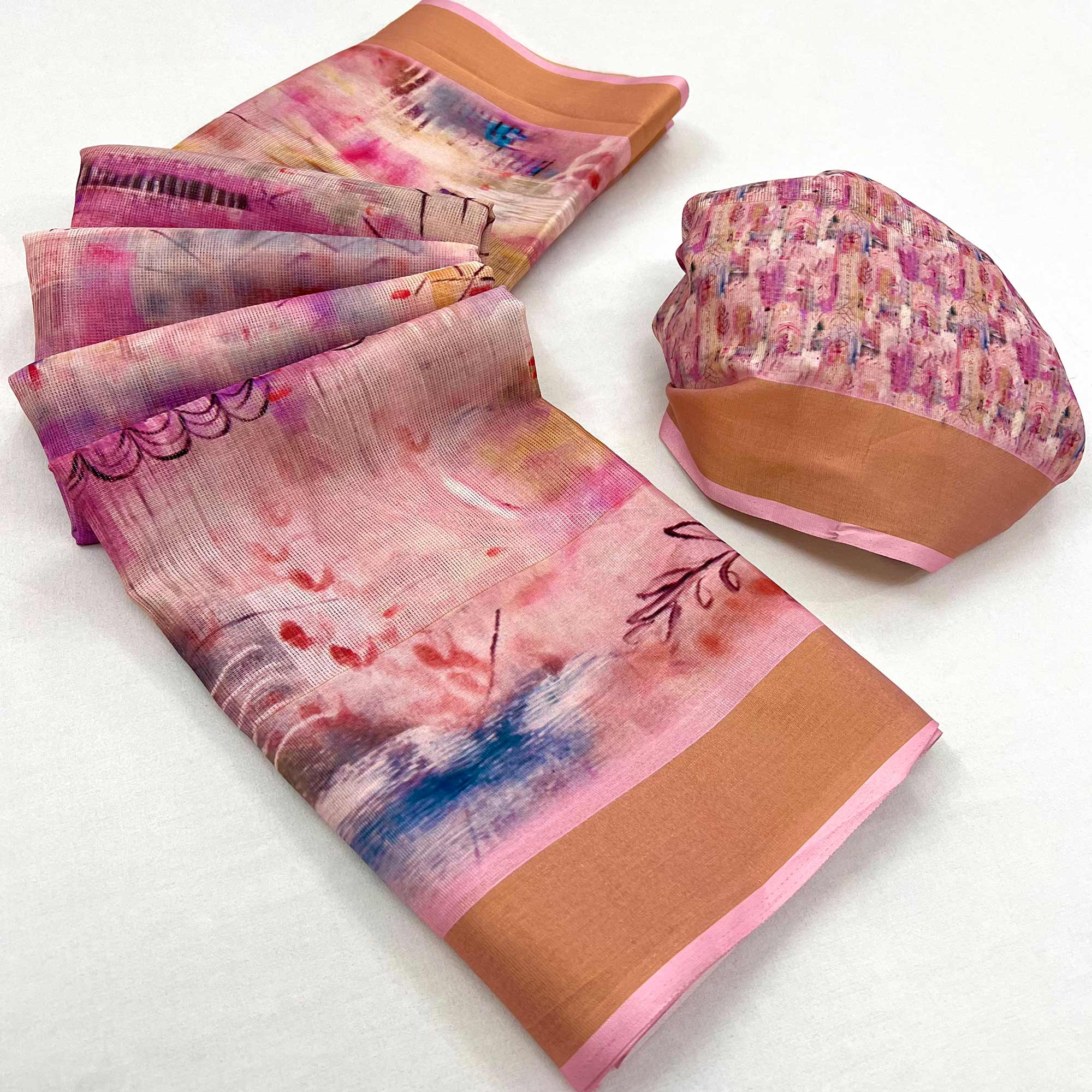 Pink Floral Digital Printed Cotton Blend Saree