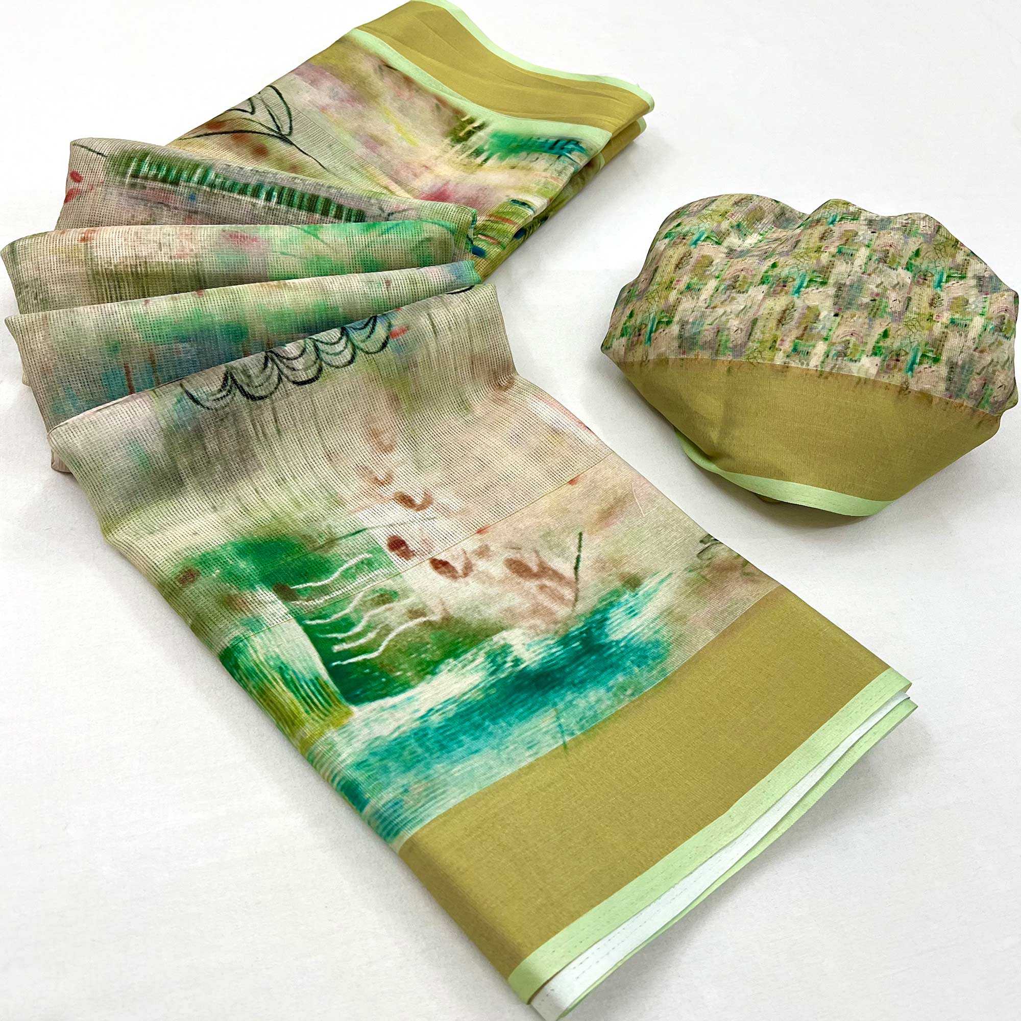 Green Floral Digital Printed Cotton Blend Saree
