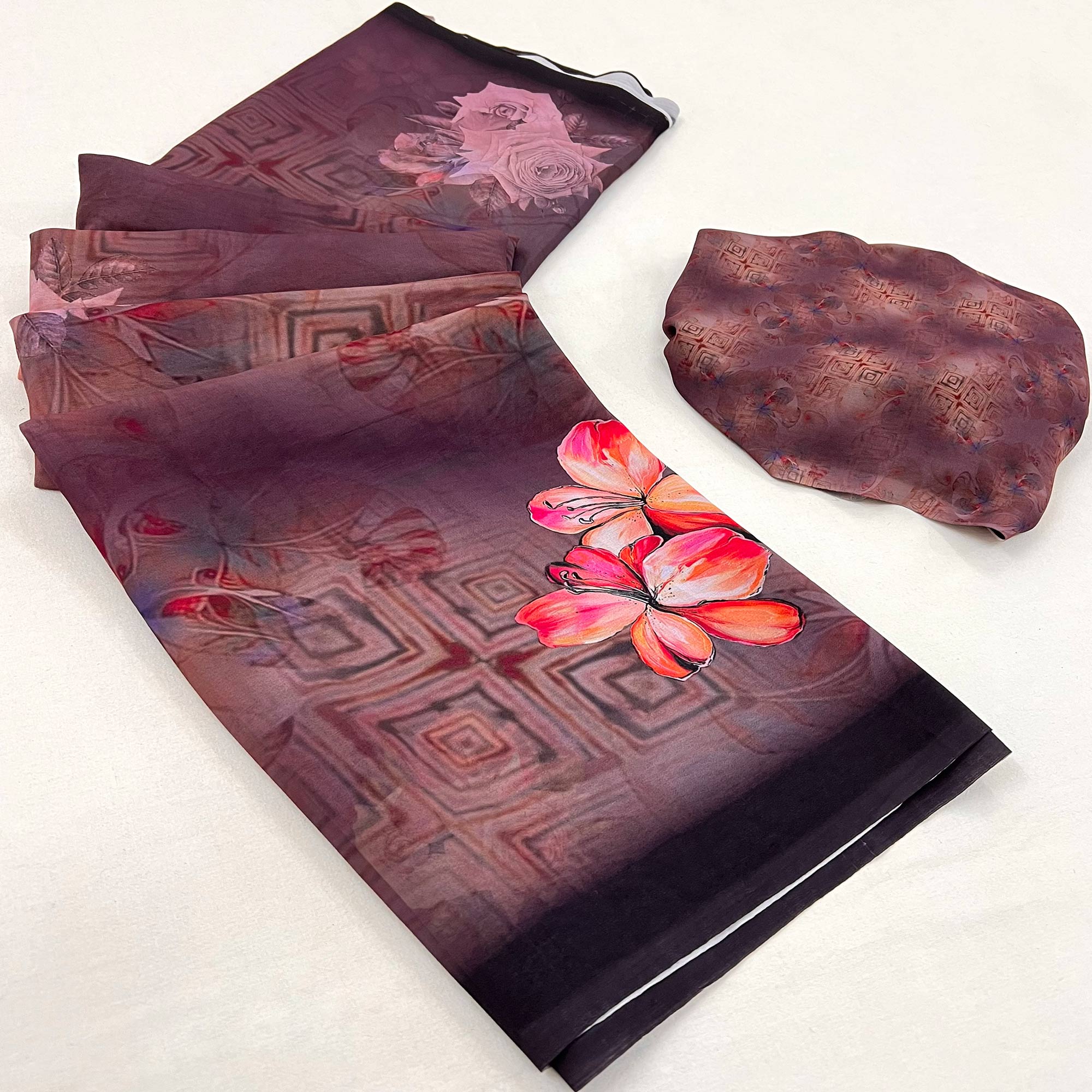 Brown Floral Digital Printed Georgette Saree