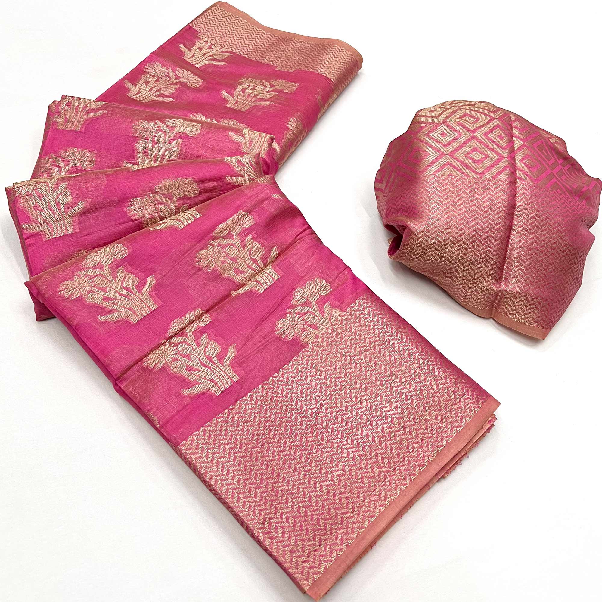 Pink Floral Woven Organza Saree