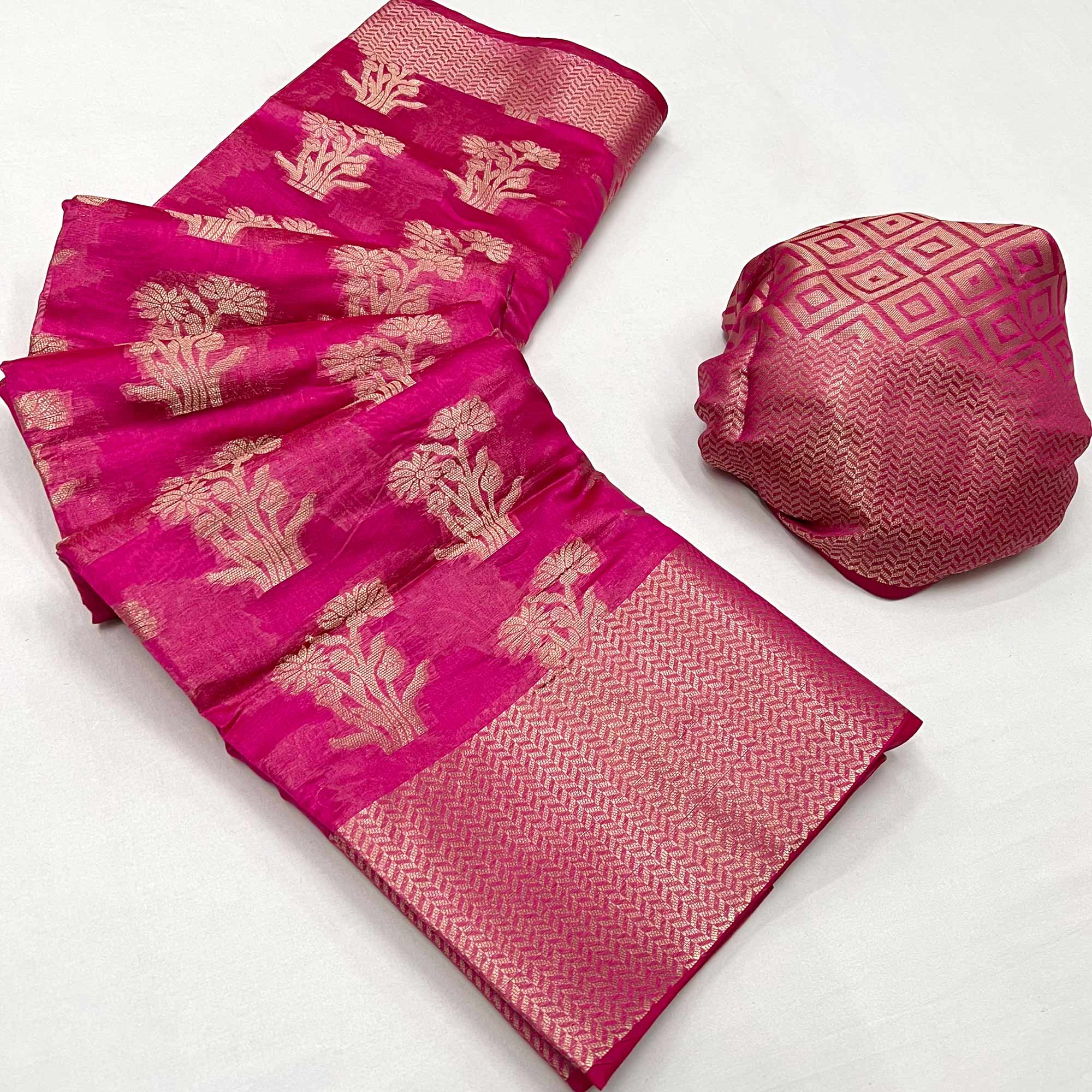 Rani Pink Floral Woven Organza Saree