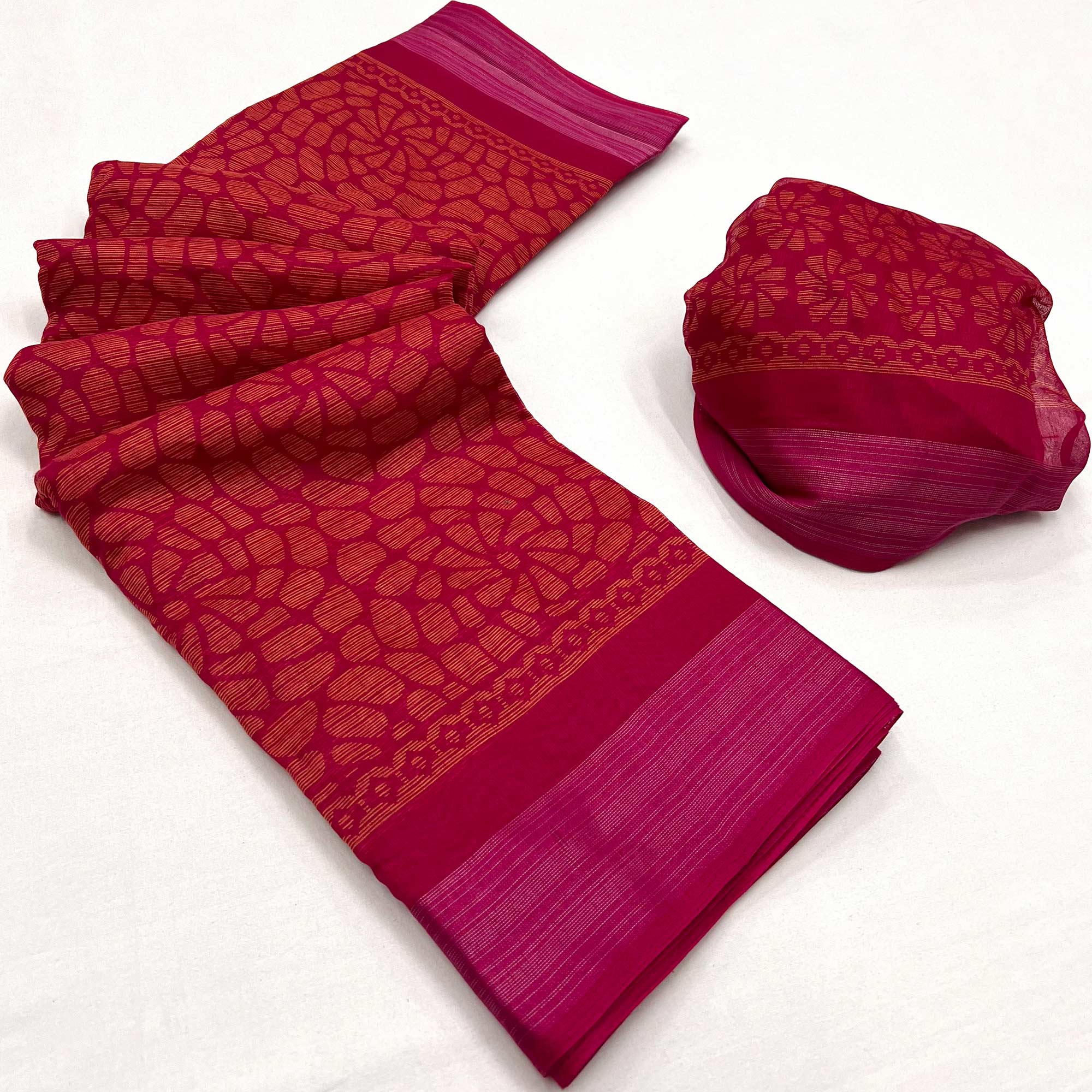 Rani Pink Printed Cotton Blend Saree