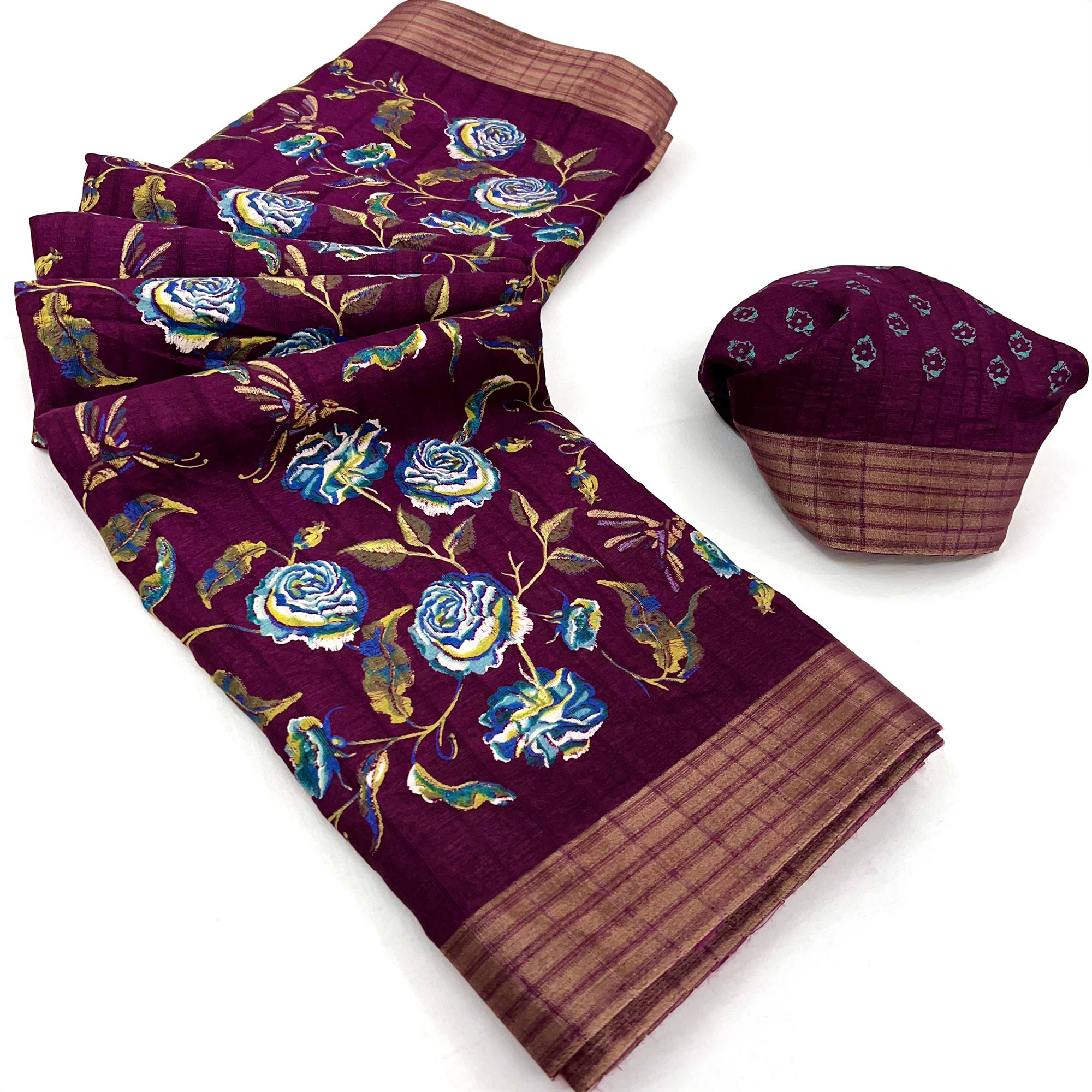 Wine Floral Printed Cotton Blend Saree